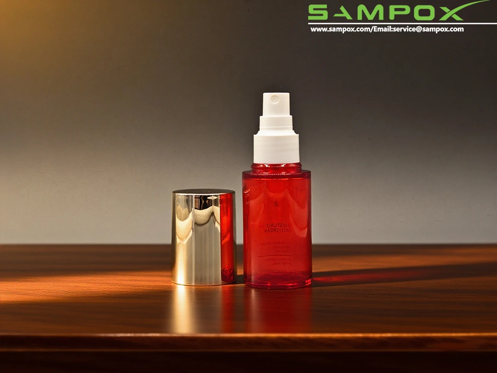 ขวดสเปรย์สุญญากาศ PET ใสสีแดงพร้อมหัวปั๊มสีขาวและฝาสีทอง 41 มม. 1