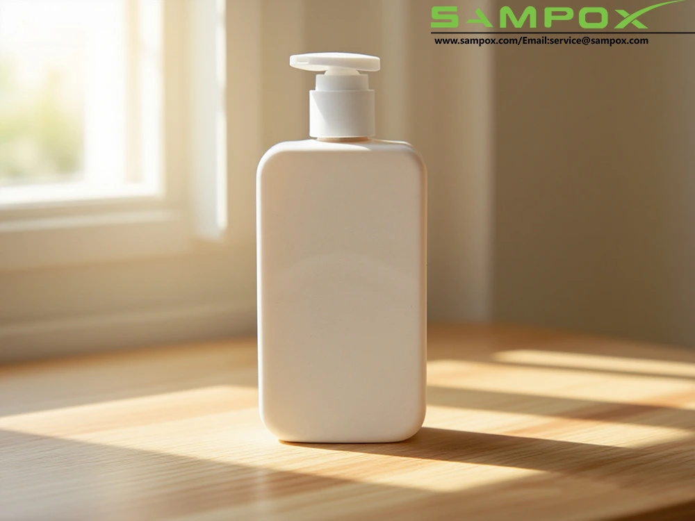 ขวดโลชั่นทรงสี่เหลี่ยมพร้อมตัวขวดสีน้ำตาลเงาและหัวปั๊มโลชั่นสีขาว ขนาด D72 มม. 1