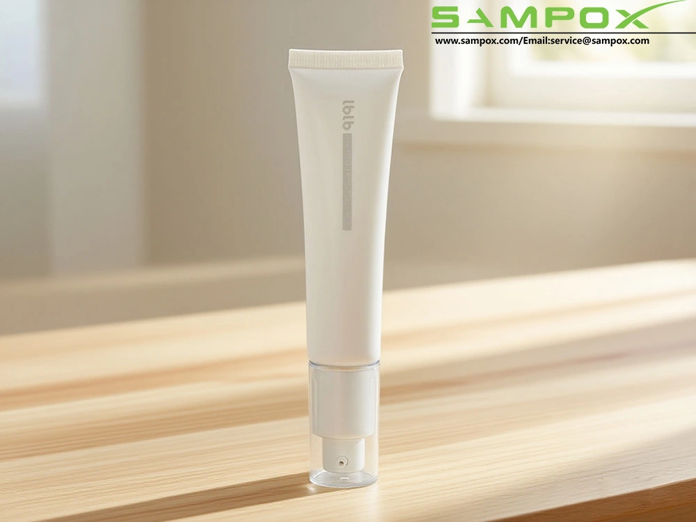 Tube de lotion en PE blanc nacré avec pompe transparente et bouchon bec de poulet argenté mat, 35 ml 1