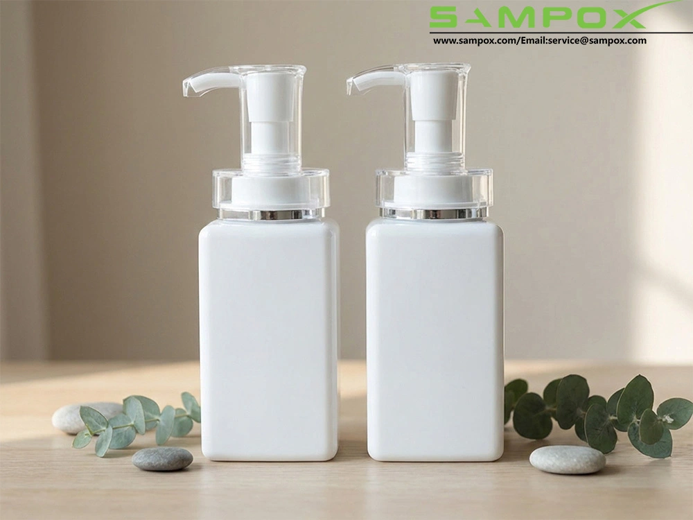 Glossy White Wide Square PET Bottle with Curved Pump 1