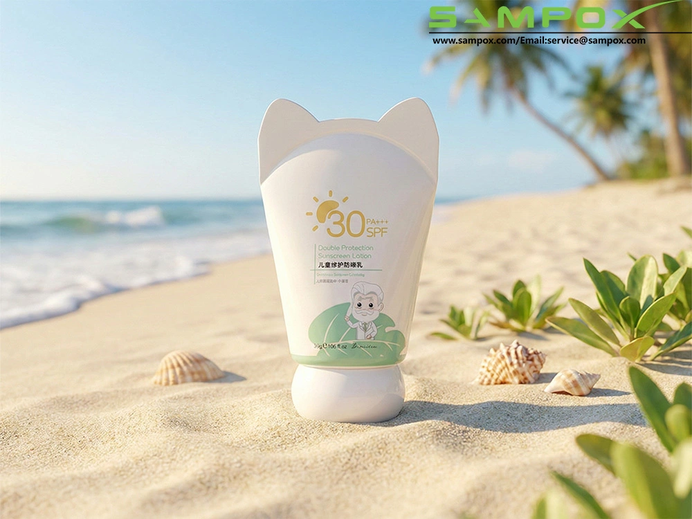 White PE Kids Sunscreen Tube with Cat Ear Tail and Ball Cap 30g 35mm 1