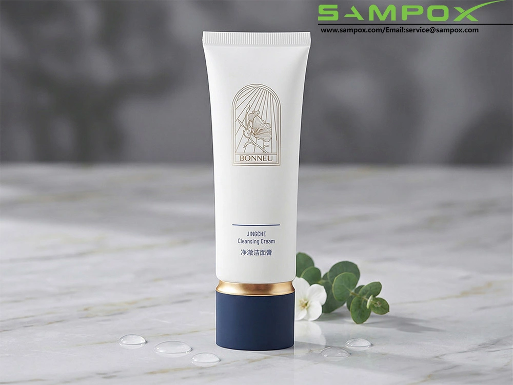 White PE Cleansing Cream Flat Tube with Navy Gold Cap 100g 40mm 1