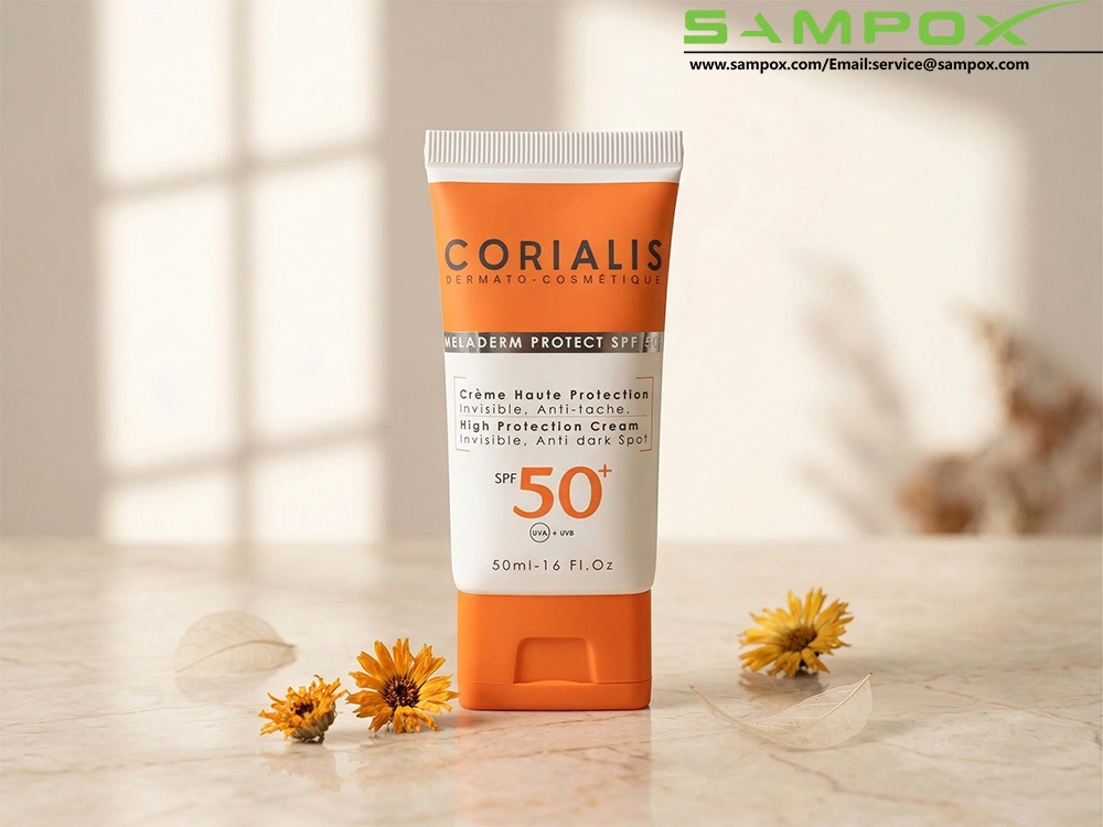 Orange and White PE Sunscreen Tube 50ml 40mm with Square Cap and Silver Stamping 1