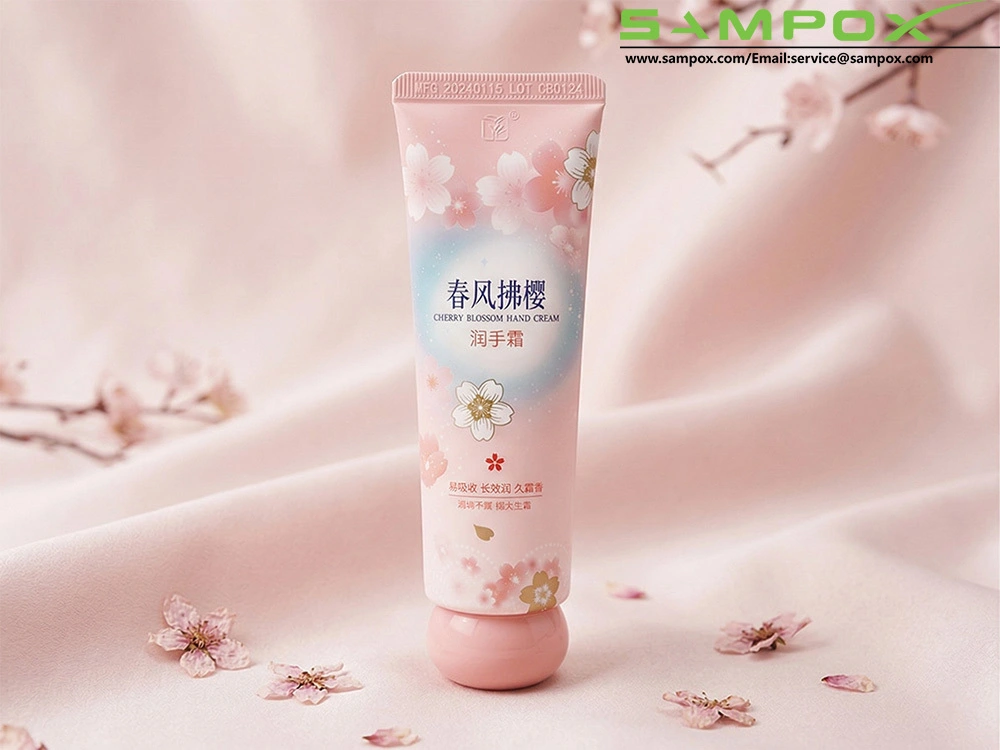 Pink Floral PBL Hand Cream Tube 60g 35mm with Gold Stamping and Spherical Cap 1