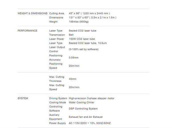 CO2 laser cutting machine specification