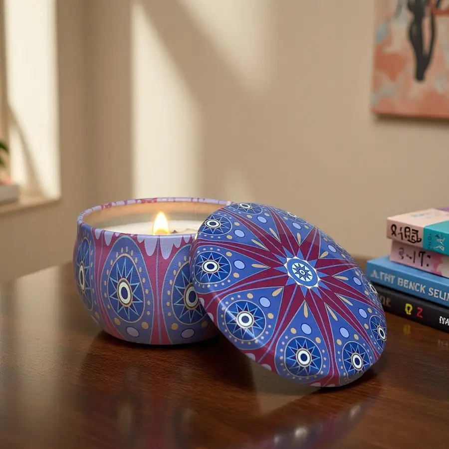 LUL Candle 2.2oz Freesia Scented Soy Jar Candle in Mandala Metal Tin - Wholesale  Custom Orders 1