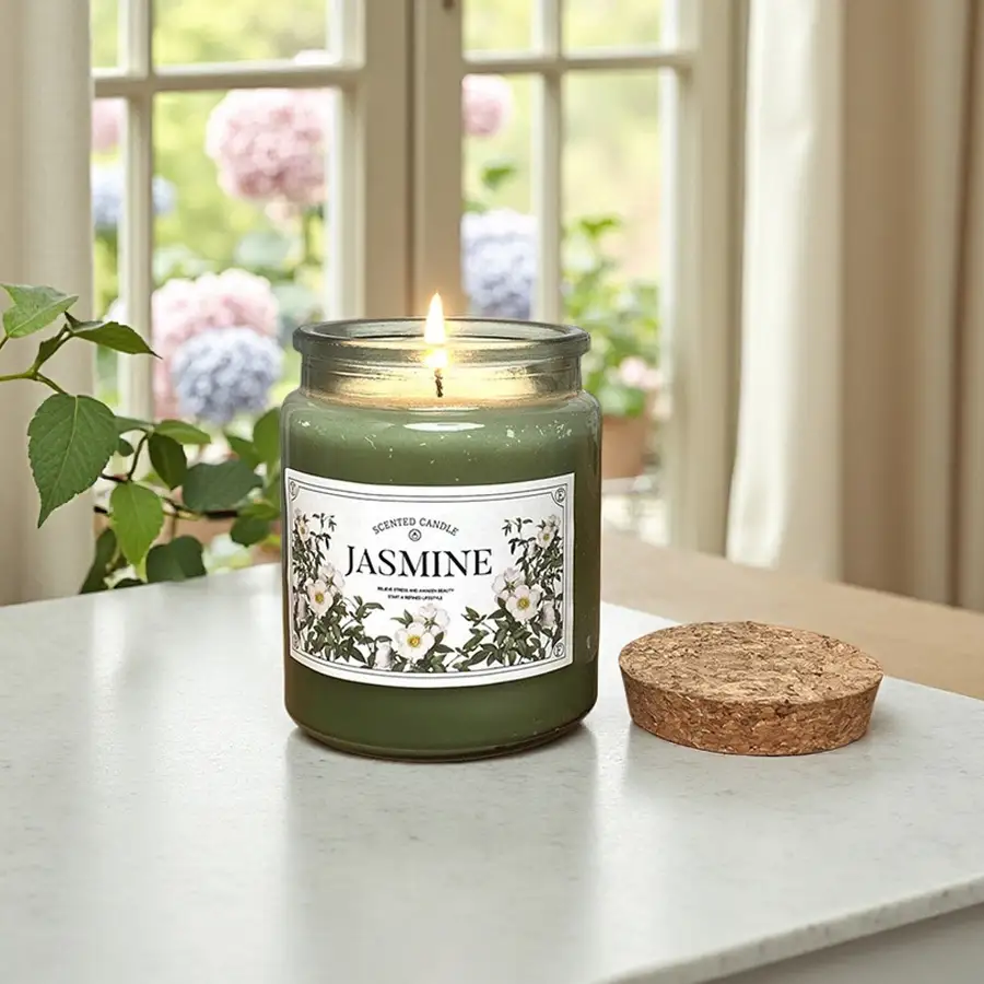 شمعة LUL Candle برائحة الياسمين والصويا، وزن ١٨٠ غرام، للعلاج بالروائح - بيع بالجملة &lt;000000&gt; شموع برطمانات زجاجية مخصصة بغطاء خشبي 1