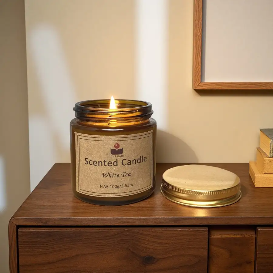 LUL Candle 100g White Tea Scented Soy Wax Candle - Smoke-Free in Brown Glass Jar, Wholesale & Custom Orders 1