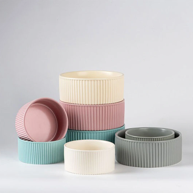 Macaron Striped Ceramic Pet Bowls with Customized Colors 1