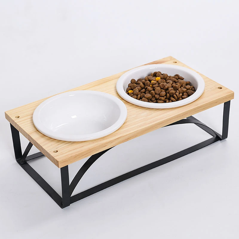 Double - bowled Ceramic Pet Bowl Set with Bamboo Stand for Pet Food Water Feeding 1