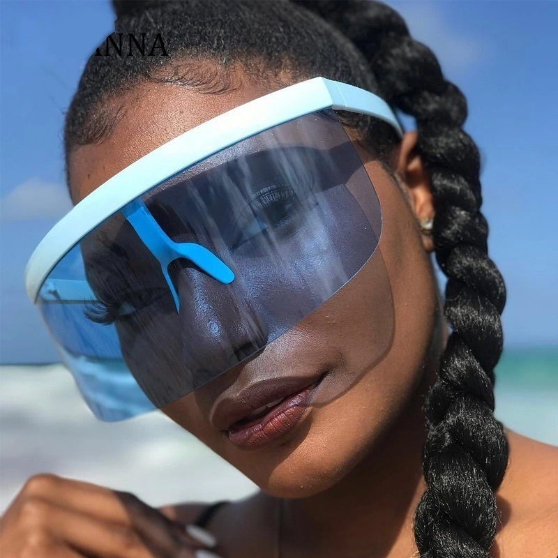 EUGENIA Futuristic Flat Top Mirrored Mono Lens Novelty Shield Visor Oversized Women Sunglasses 1