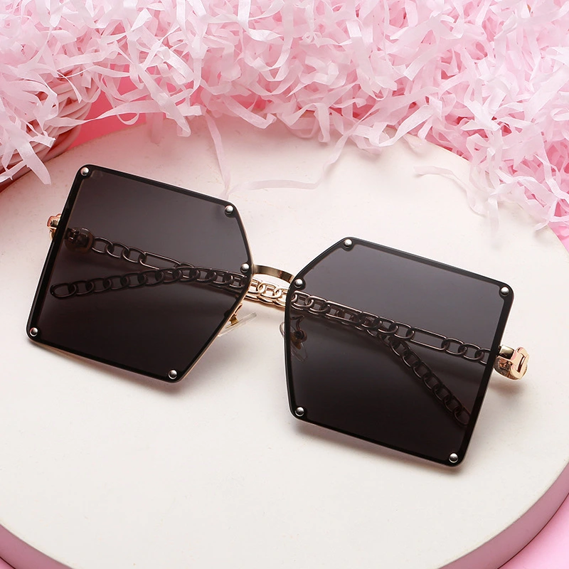 EUGENIA 2021 New Design Women Luxury Glasses Metal Frame Oversized Big Frame Square Rivet Chain Metal Women Sunglasses 1