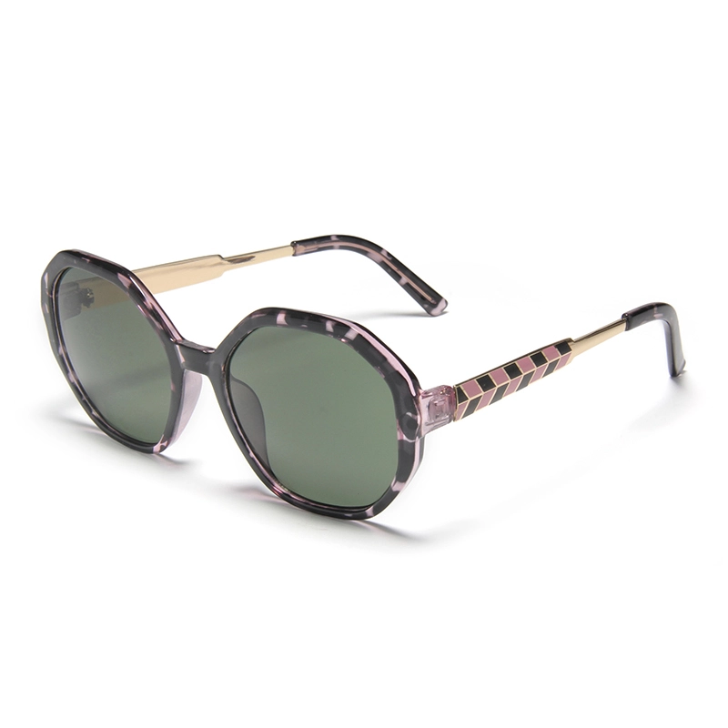 S25383 Высококачественные шестиугольные солнцезащитные очки с узорчатой ​​оправой и клетчатыми металлическими дужками. Доступная цена. Индивидуальный логотип. 1