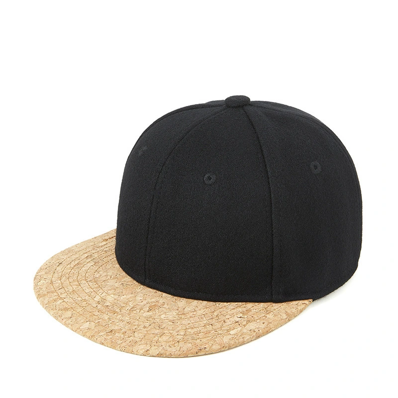 Winter 6 Panel Structured Flat Cork Brim Black And Grey Wool Snapback Hats FMSN-03 1