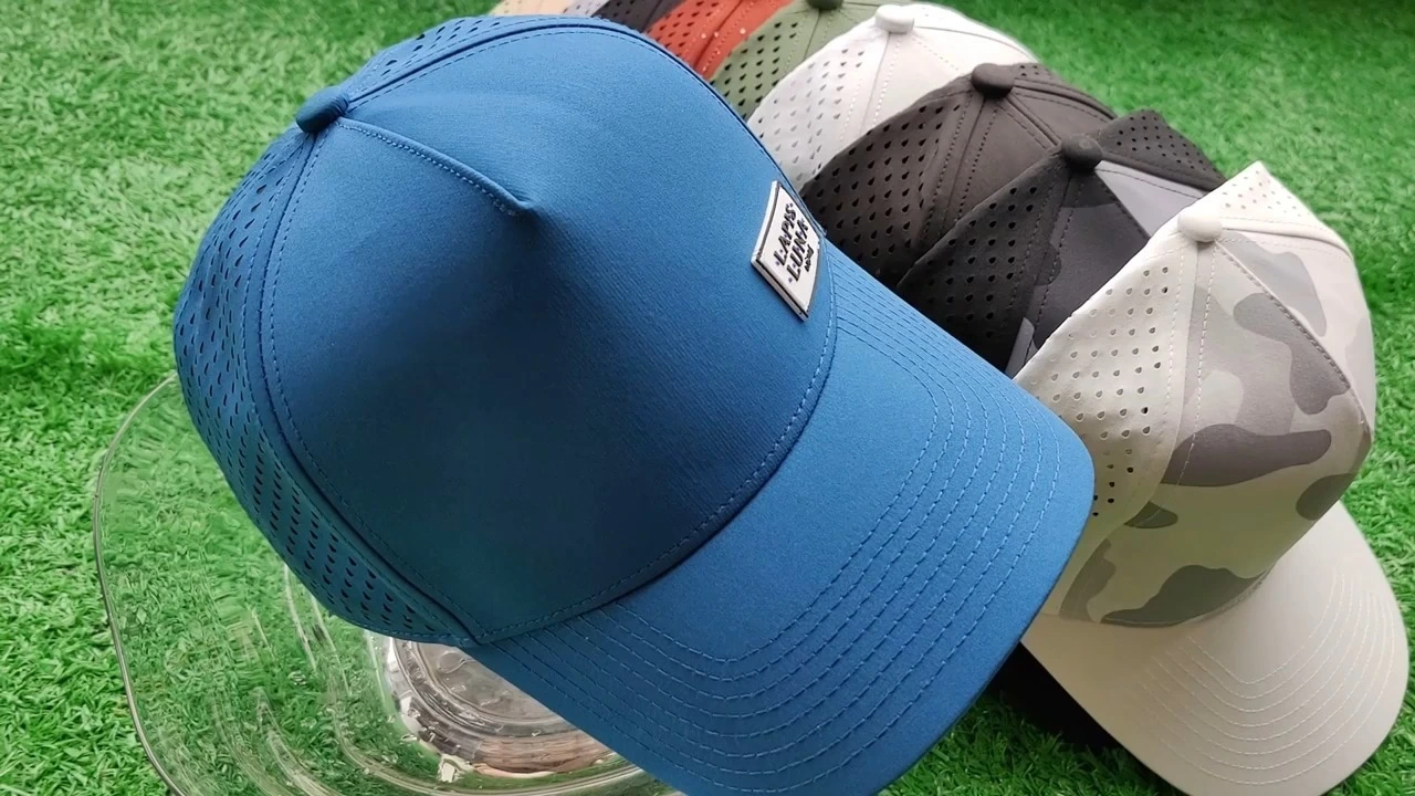 Patch en caoutchouc personnalisé bleu royal 5 panneaux hydrophobes perforés au laser chapeaux imperméables FMWF-08 1