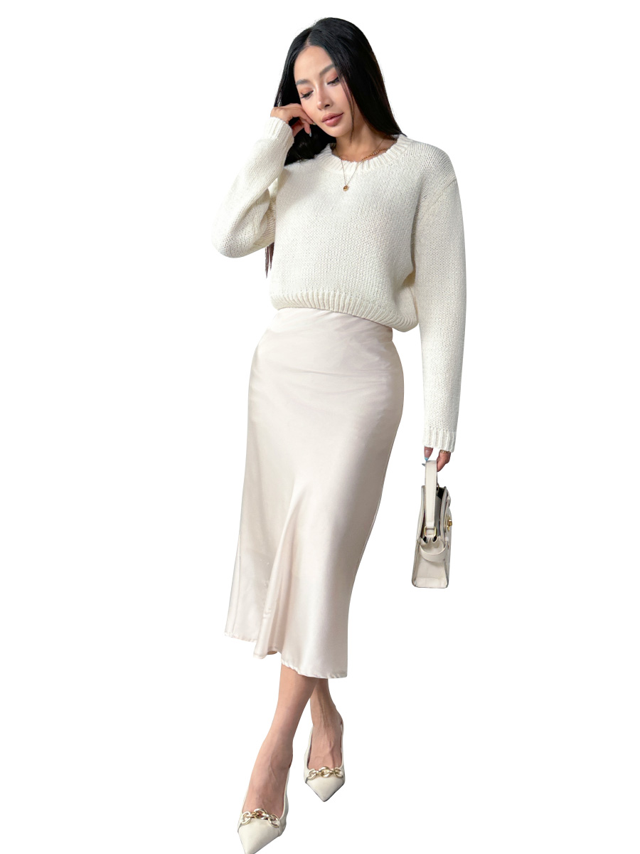 Fan Flo Women's Knitted Pullover Round Neck Long Sleeve Ribbed Cropped Sweater Autumn Pullover 1