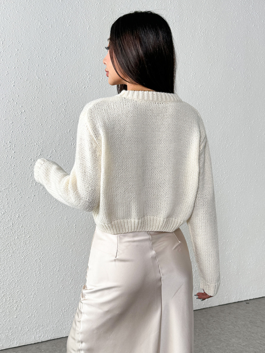 Fan Flo Women's Knitted Pullover Round Neck Long Sleeve Ribbed Cropped Sweater Autumn Pullover 2