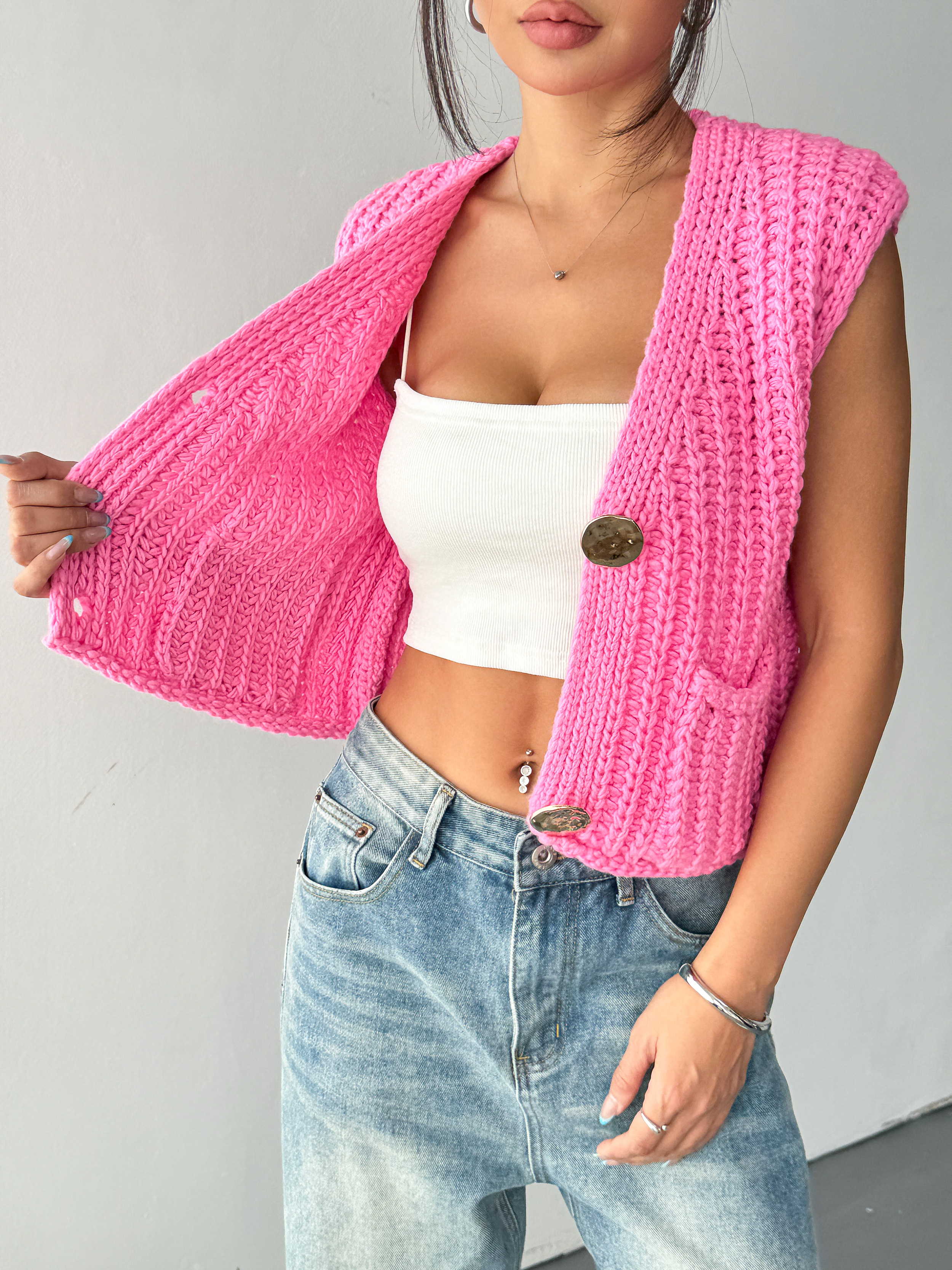 Fan Flo Damen-Strickjacke Chunky V-Ausschnitt Ärmele mit Taschen Casual Strickweste 2