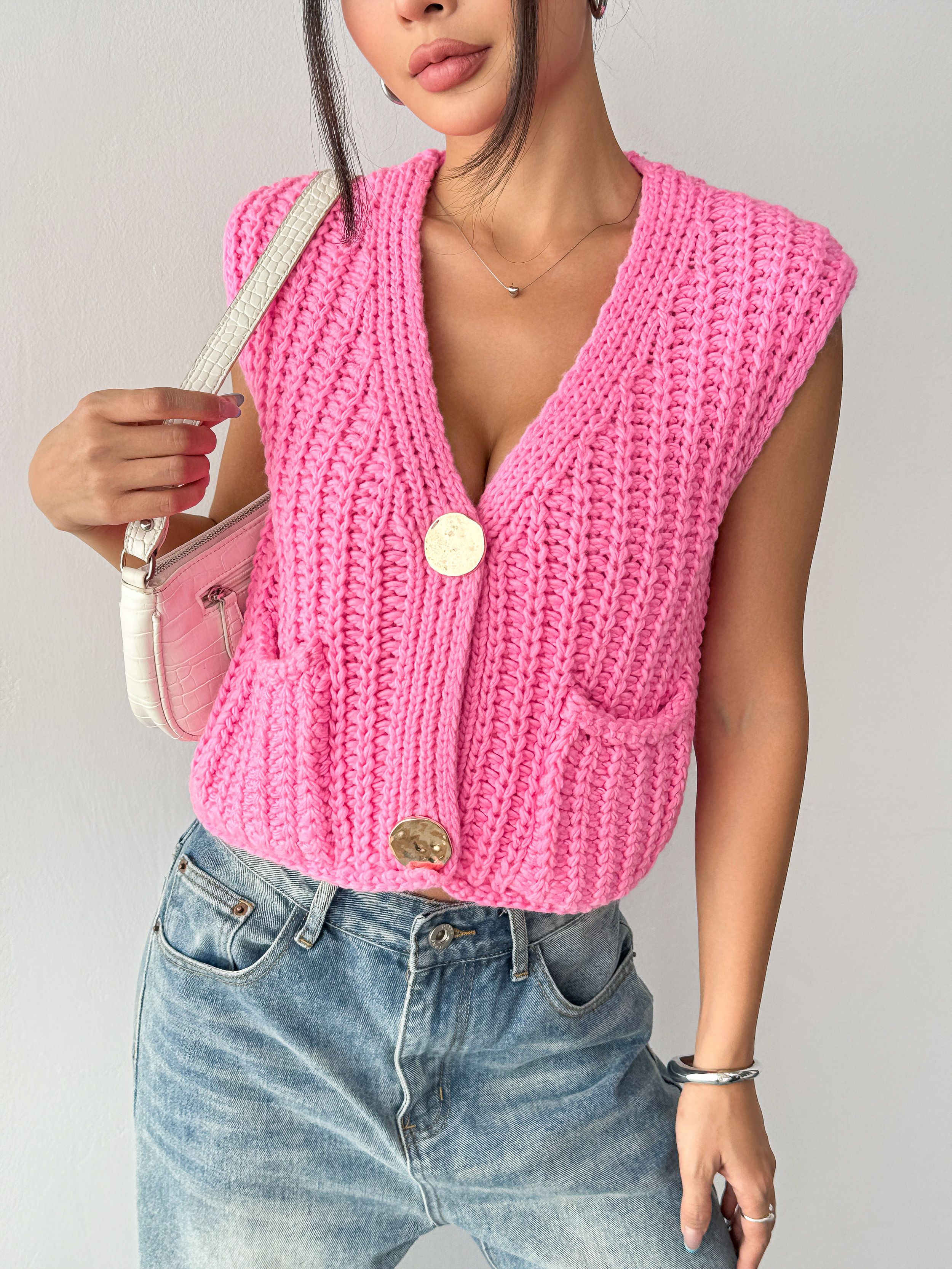 Fan Flo Damen-Strickjacke Chunky V-Ausschnitt Ärmele mit Taschen Casual Strickweste 3