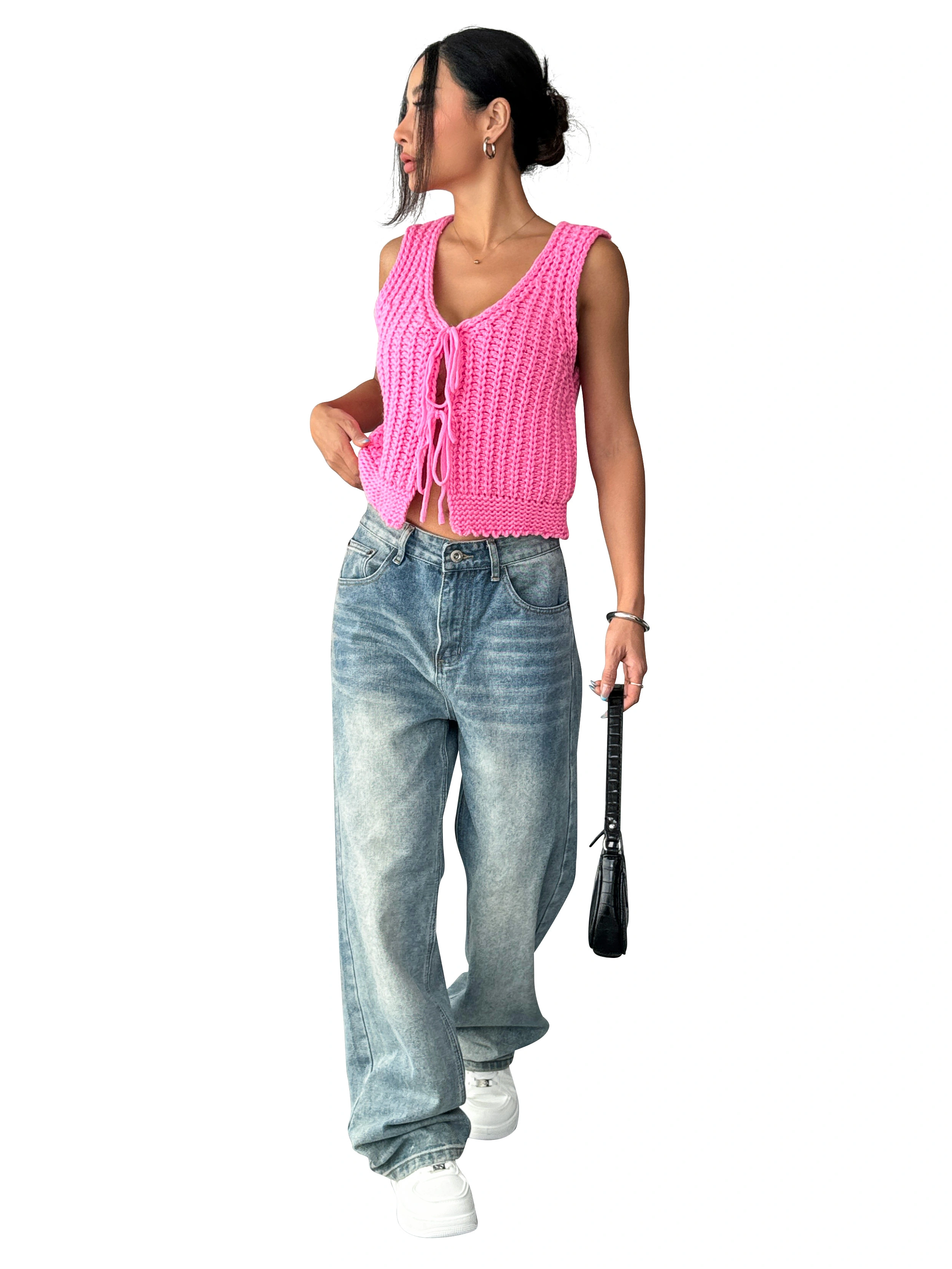 Fan Flo Damen Strick-Strickjacke V-Ausschnitt Taschen Taschen Elegant und vielseitig Frühlings- und Sommer-Freizeitweste 1