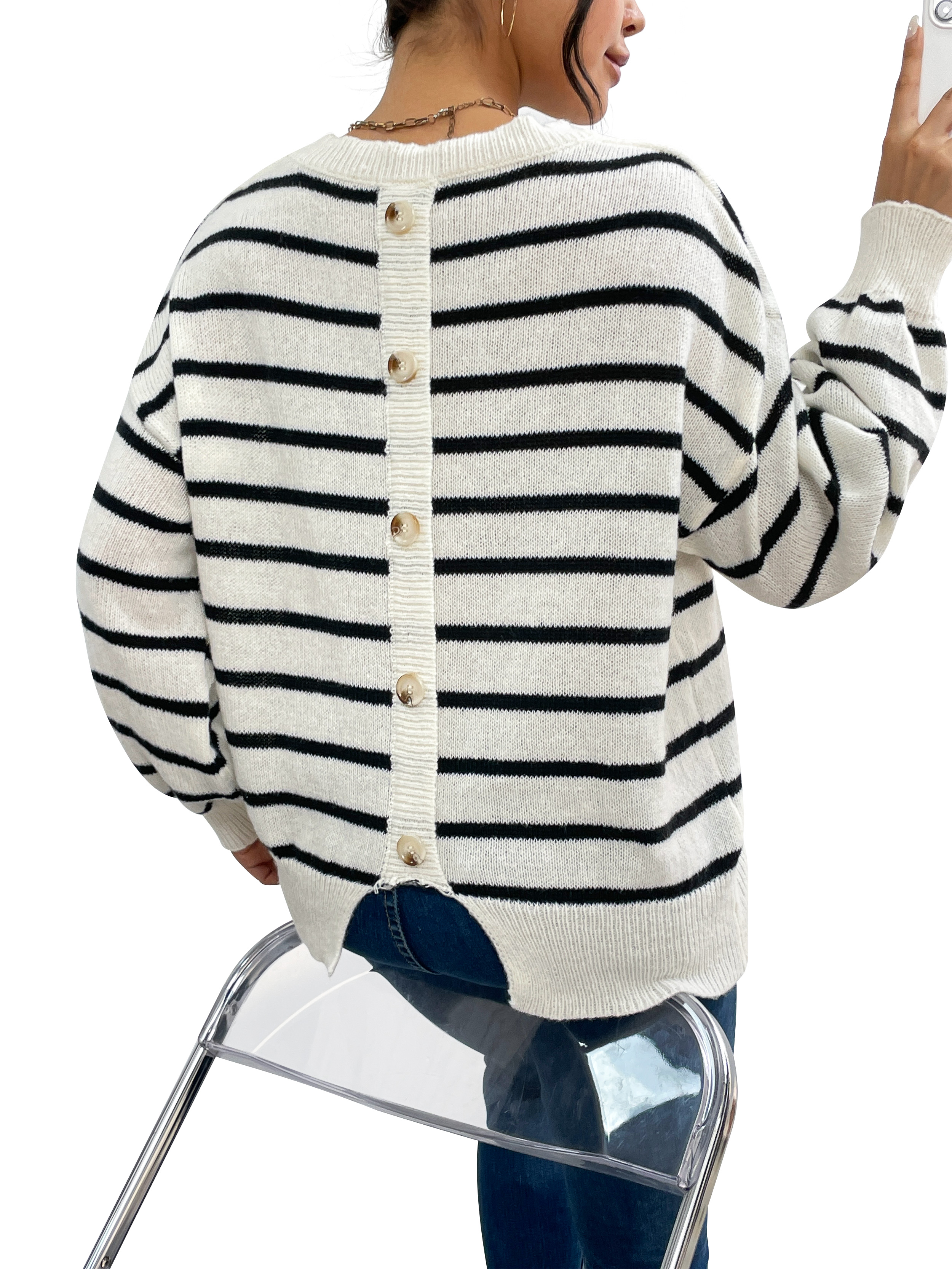 Ventilateur Flo Far Tripted Pullover Back Slit Faux boutons Top de banlieue décontractée 1