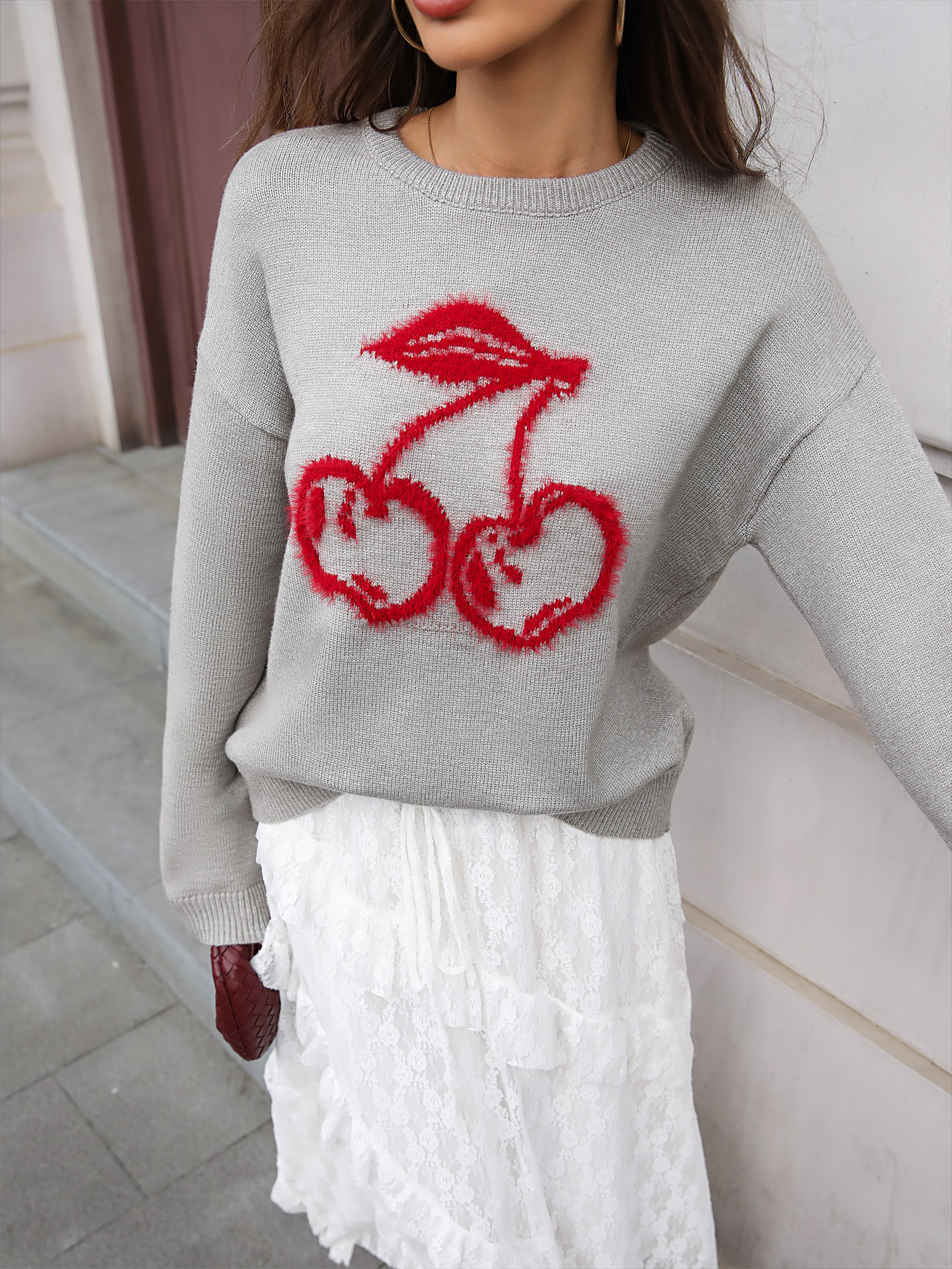 Ventilateur Flo Sweater Cherry Pattern jacquard cou rond manches longues de style élégant décontracté 5