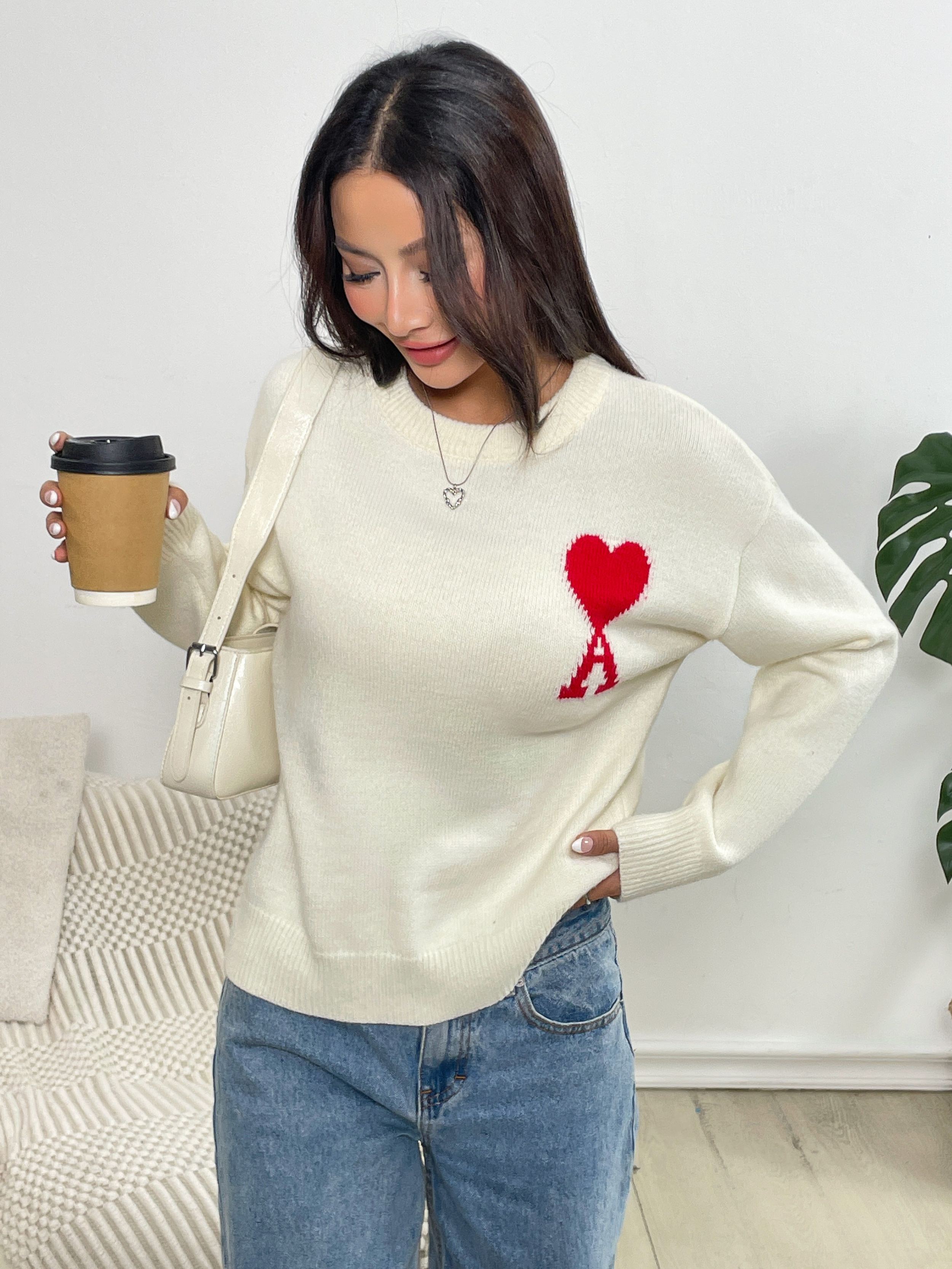 Suéter de mujer Fan Flo Patrón en forma de corazón Jacquard tubular de un solo borde Suéter suave y cómodo 5