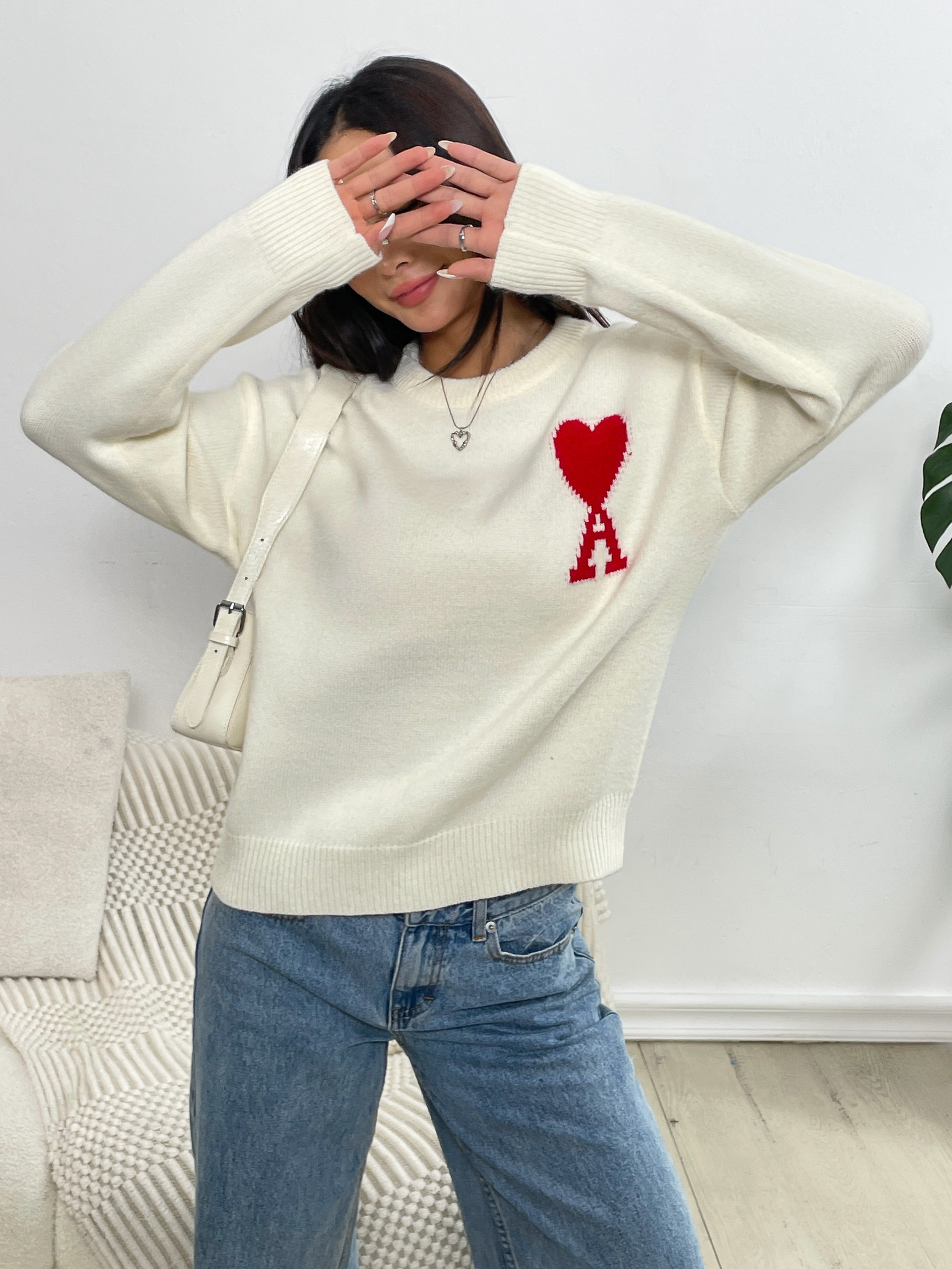 Suéter de mujer Fan Flo Patrón en forma de corazón Jacquard tubular de un solo borde Suéter suave y cómodo 4