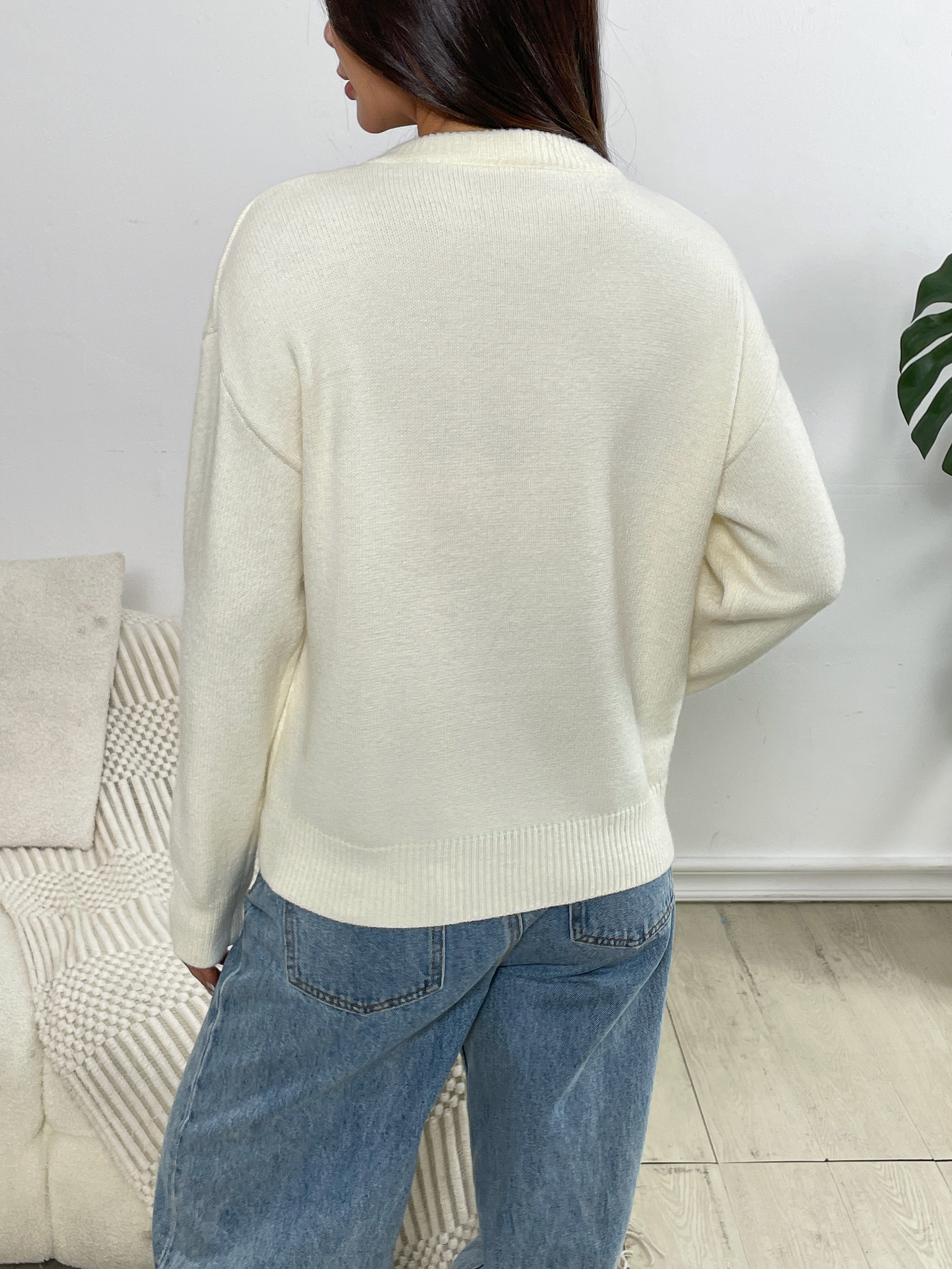 Suéter de mujer Fan Flo Patrón en forma de corazón Jacquard tubular de un solo borde Suéter suave y cómodo 3