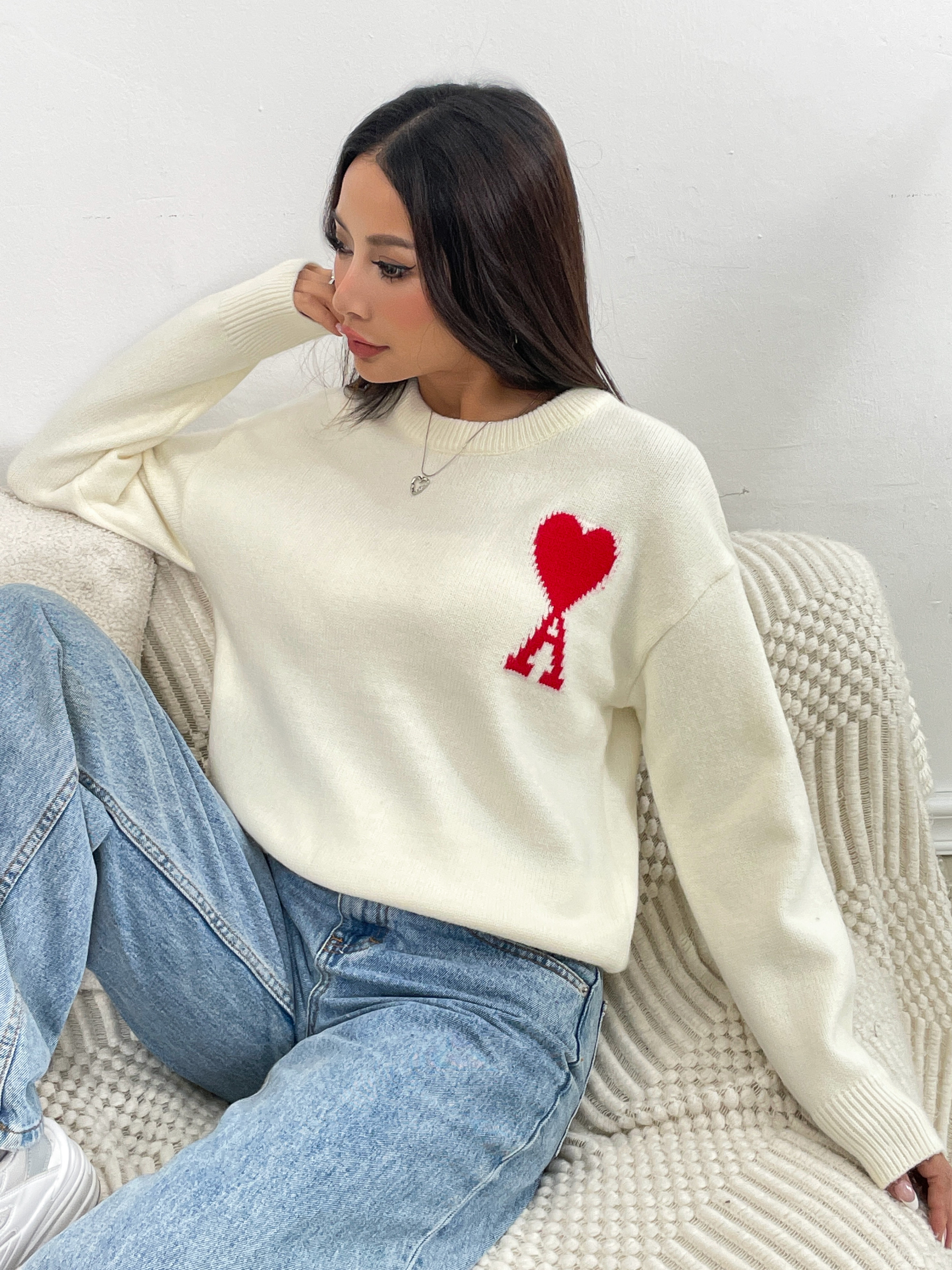 Suéter de mujer Fan Flo Patrón en forma de corazón Jacquard tubular de un solo borde Suéter suave y cómodo 6