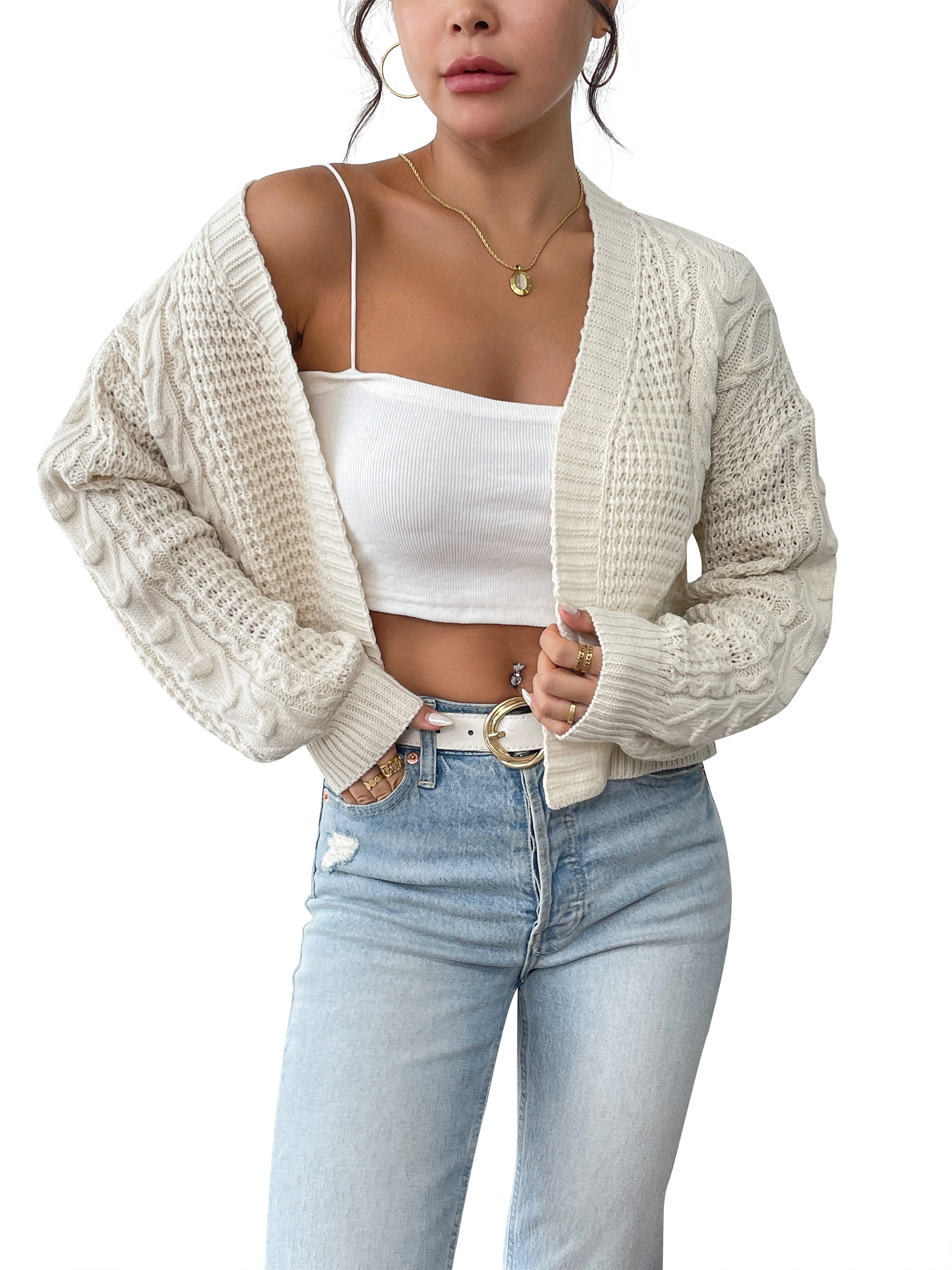 Fan Flo Damen Pullover vorne Öffnung Ananas Blumenknopf Kordende Dekoration Mode Pendler Pullover Jacke 1