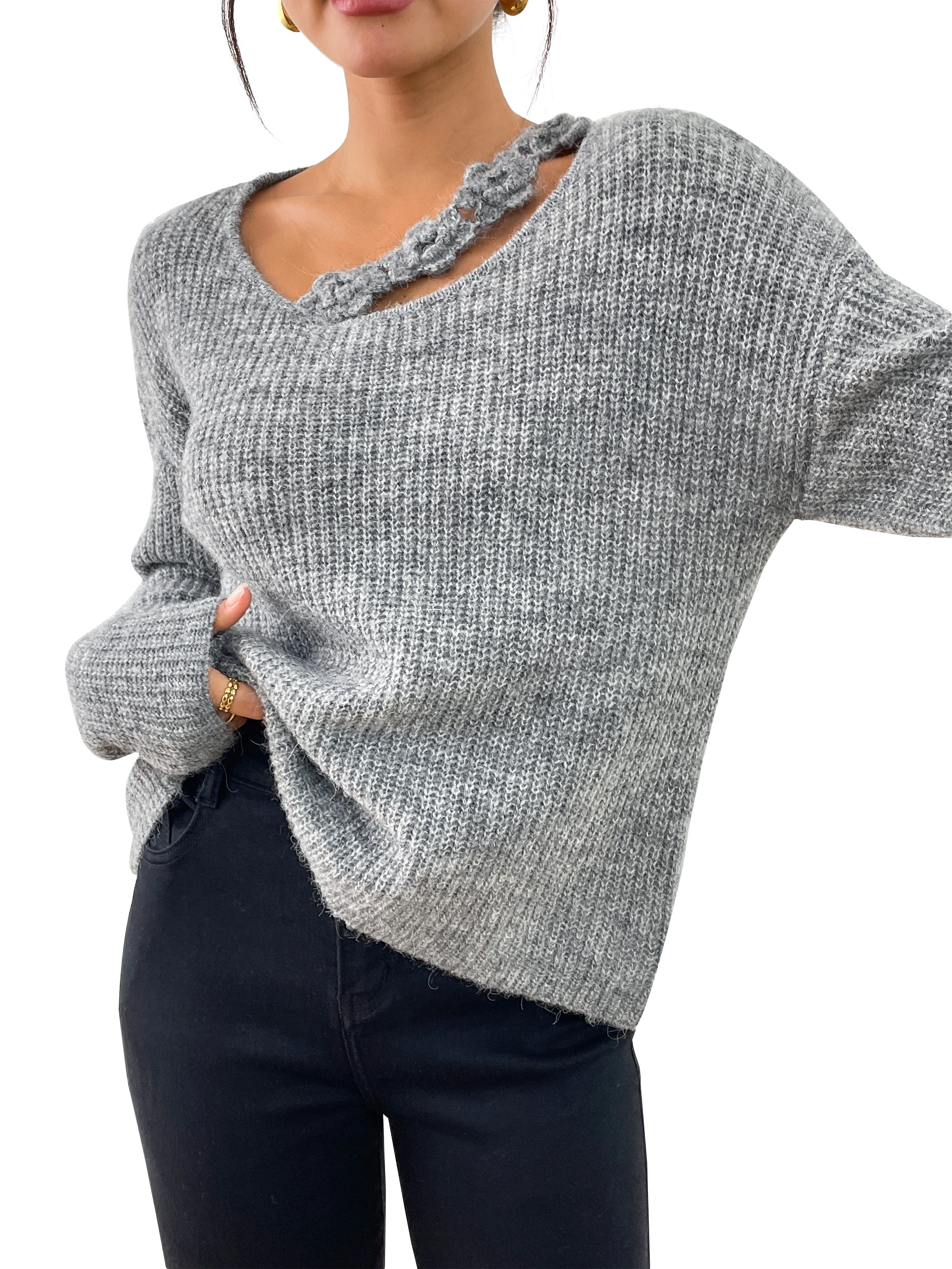 Fan Flo Frauen gestrickter Pullover großer runder Nackenhalter Langarm Lose Fit Alltag Casual Pullover 1