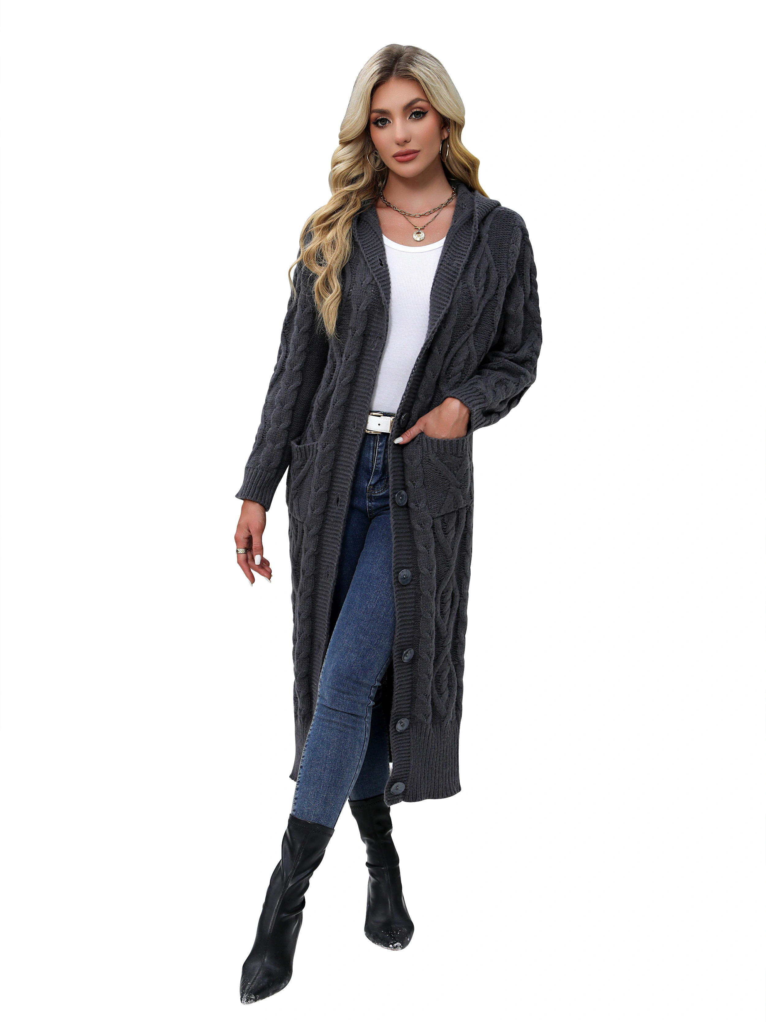 Fan Flo Damen Strickpullover Jacke mit Kapuze und Taschen Kabeltextur Herbst und Winter -Strickjacke Pullover 1