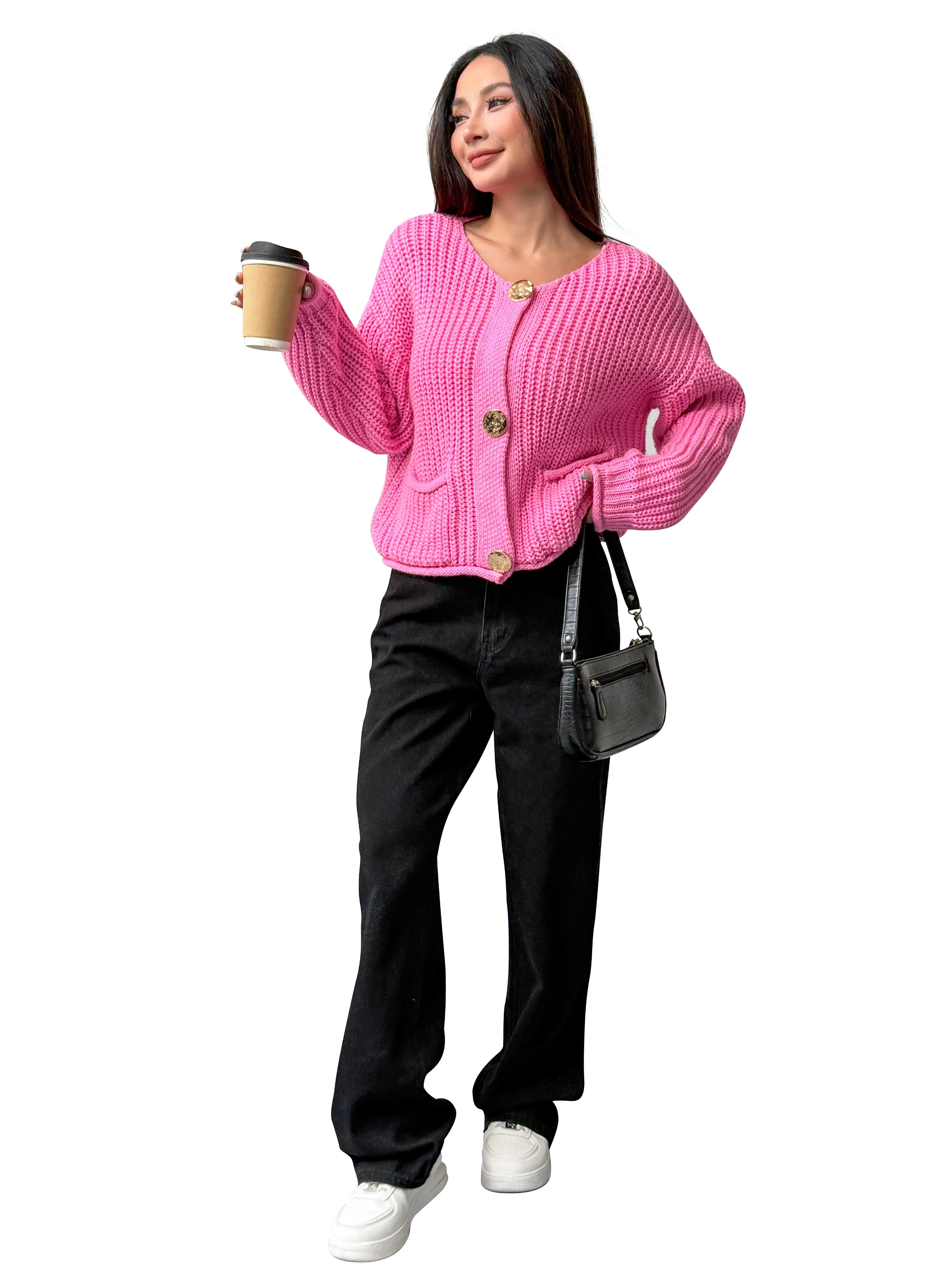 Fan Flo Damen Strick -Strickjacke klobig kurzes Metallknopf Design Spring- und Herbstjacke 1