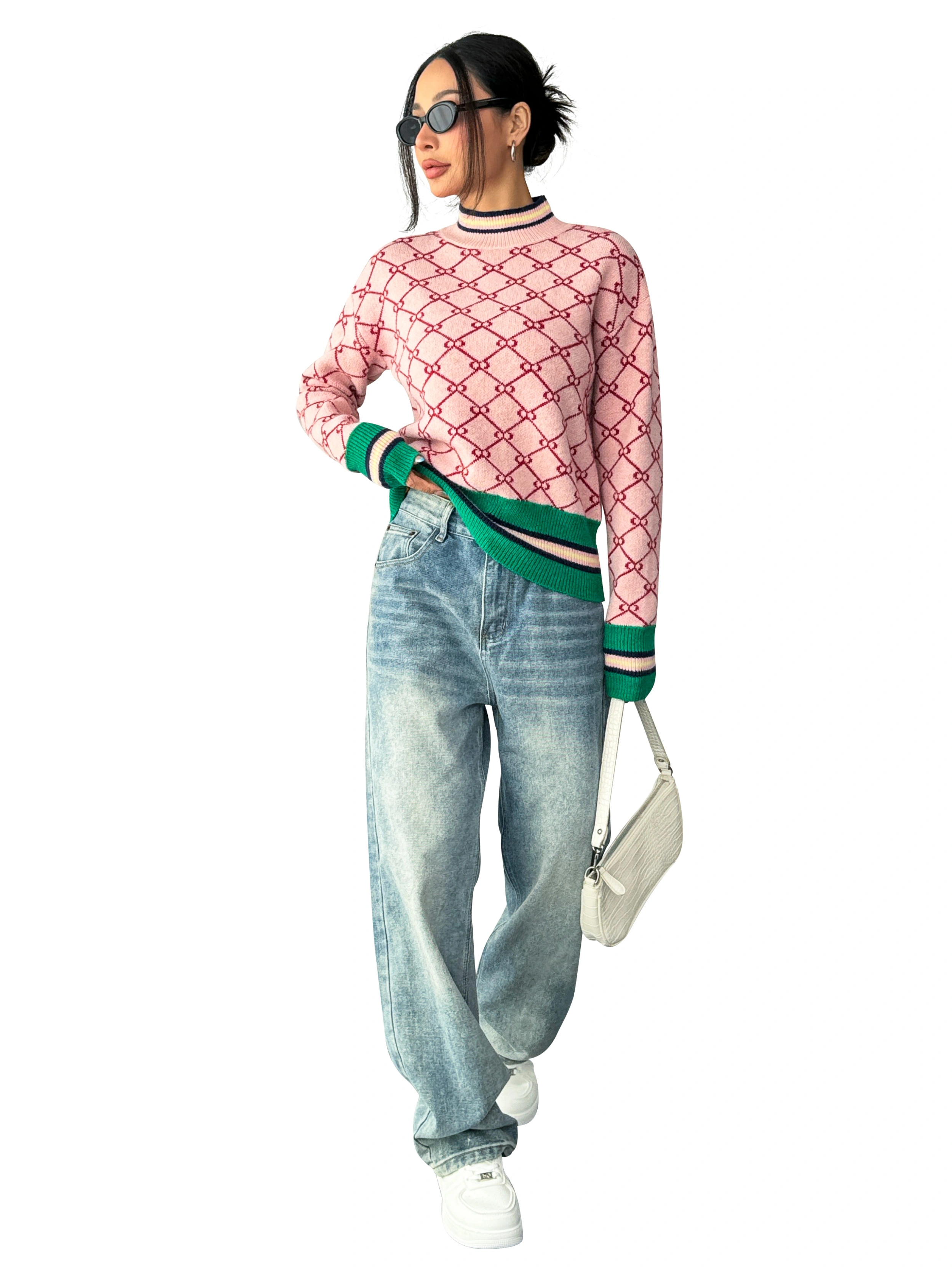 Fan Flo Women's Knitted Sweater Chic Geometric Round Neck Long Sleeve Autumn and Winter Comfortable Casual Pullover 1