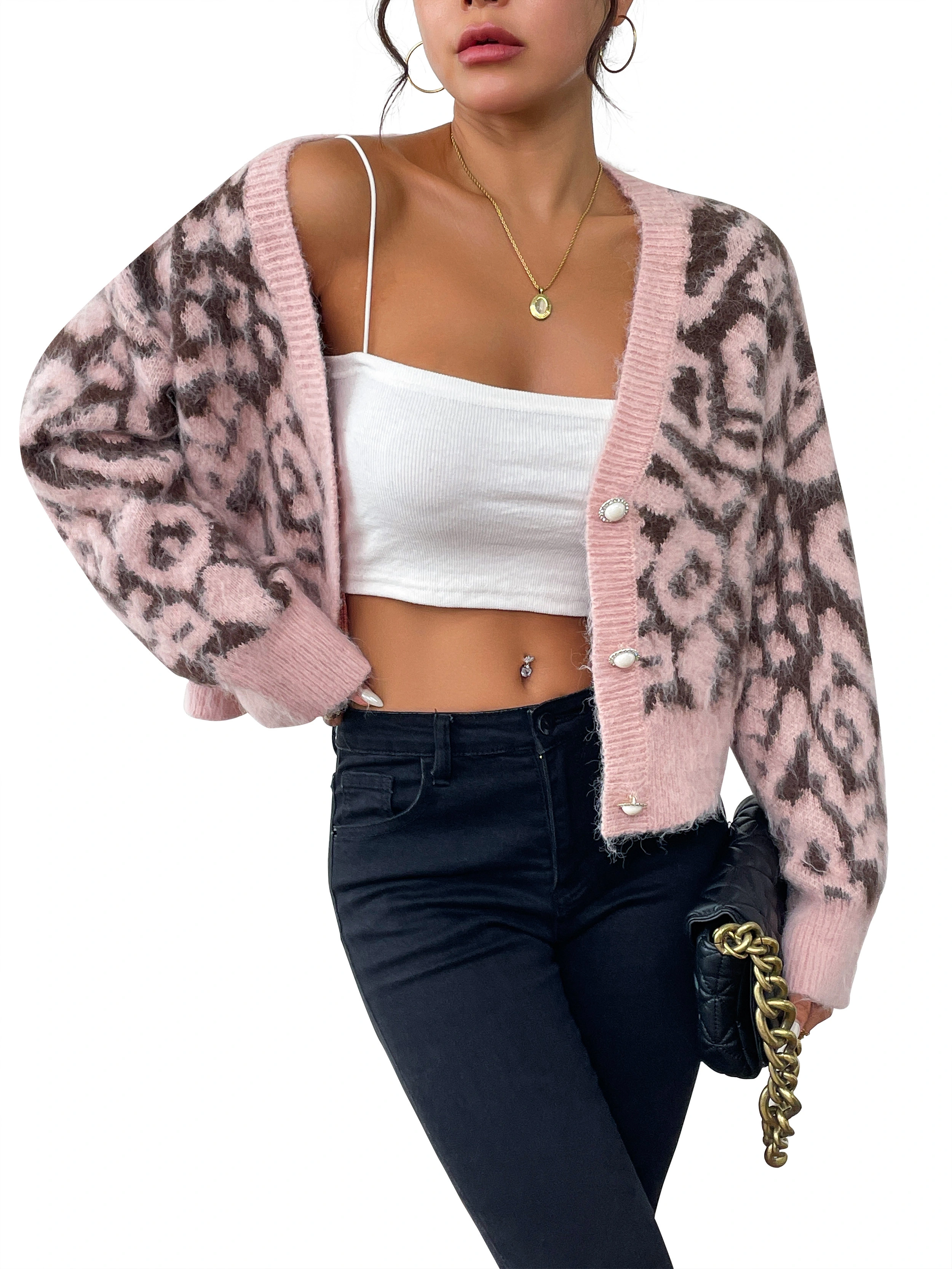 Fan Flo Damen Strick-Strickjacke V-Ausschnitt Leopardenmuster Langarm Rippes Light Luxus Fashion Pullover 1