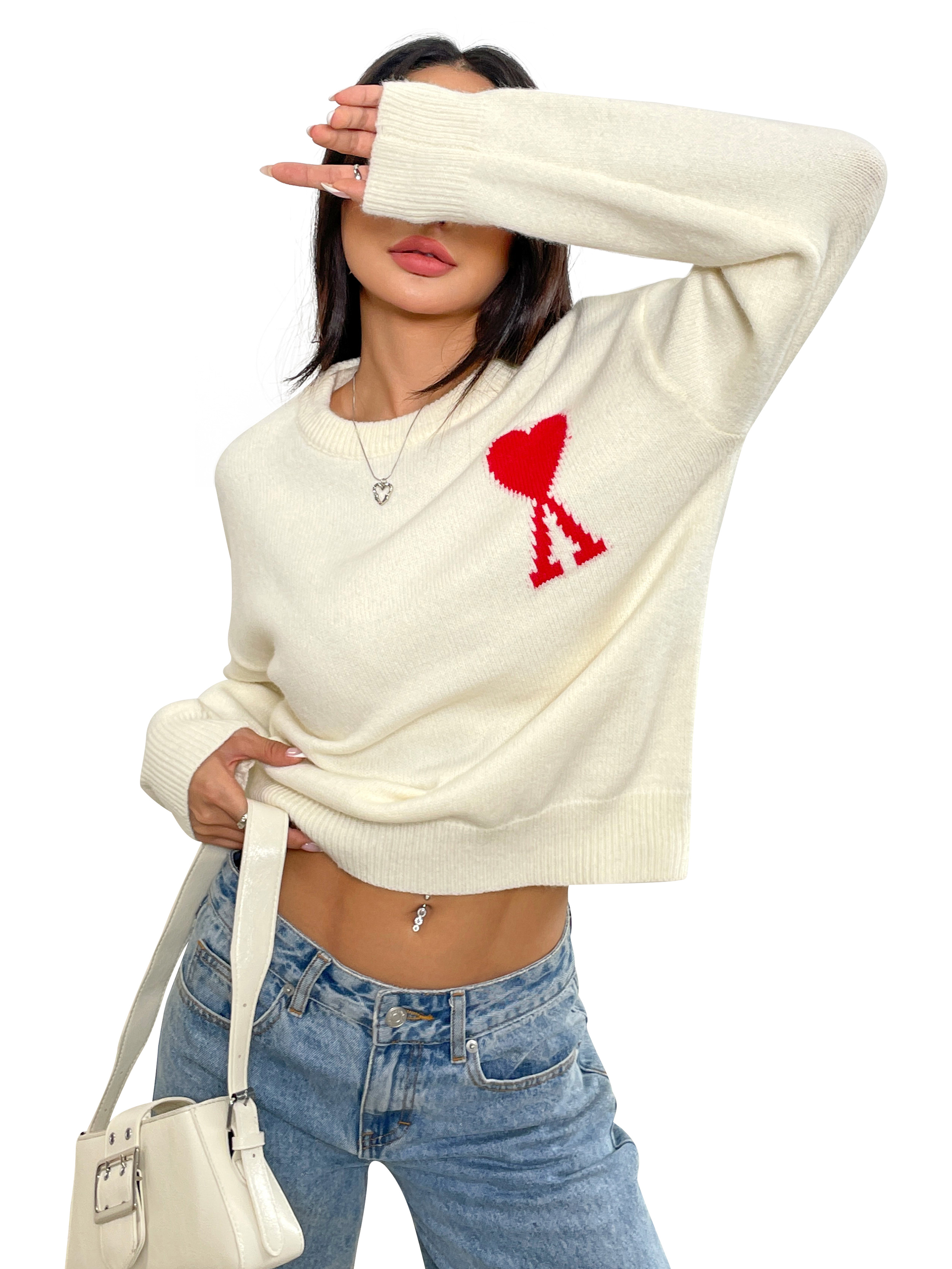 Suéter de mujer Fan Flo Patrón en forma de corazón Jacquard tubular de un solo borde Suéter suave y cómodo 1