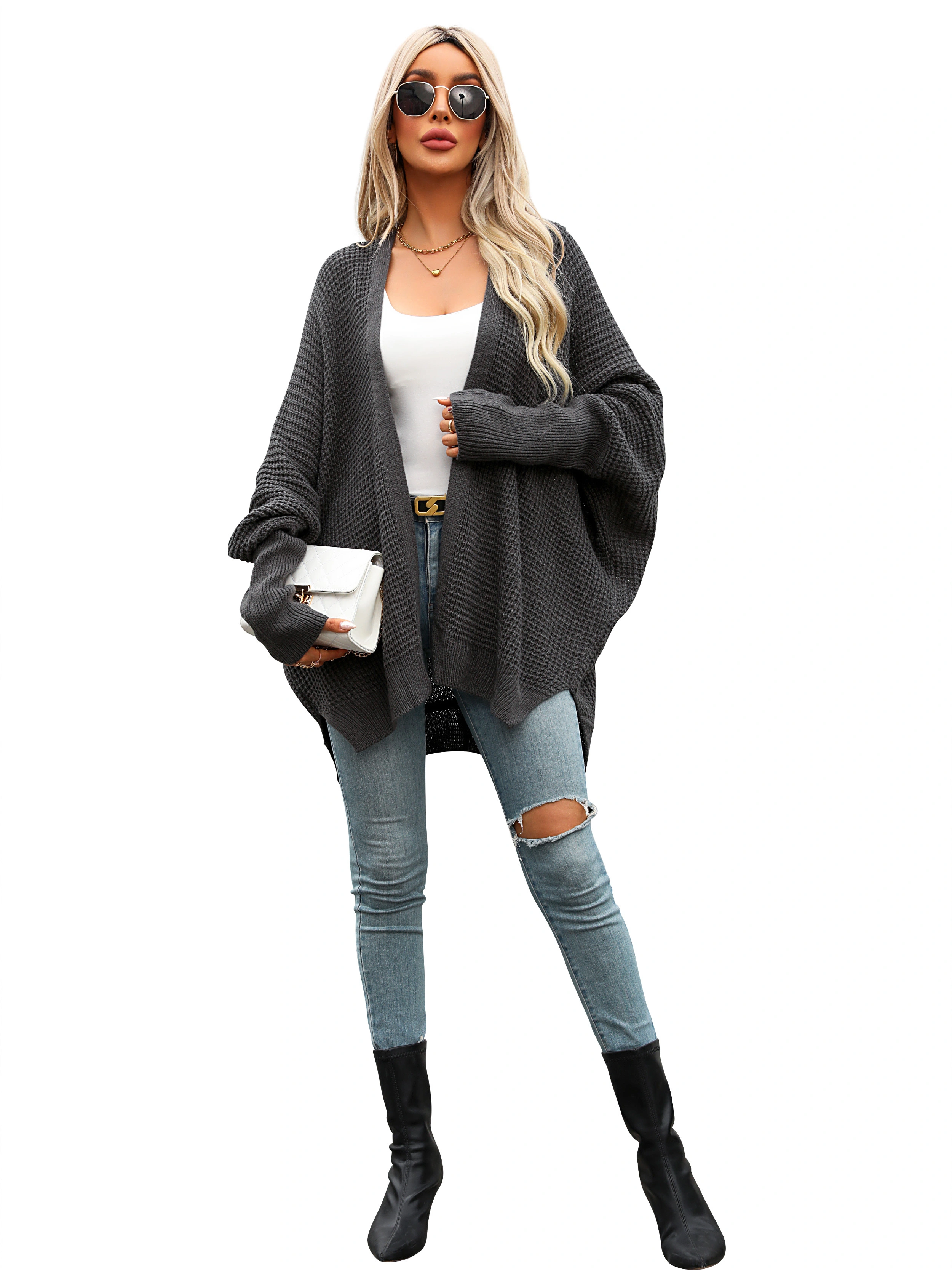 Fan Flo Damen Strick-Strickjacke Feste Farbe Lose Drop Schulterhülse Mehrfach-Klang Ananas Blume Casual Pendler Pullover Strickjacke Strickjangel 1