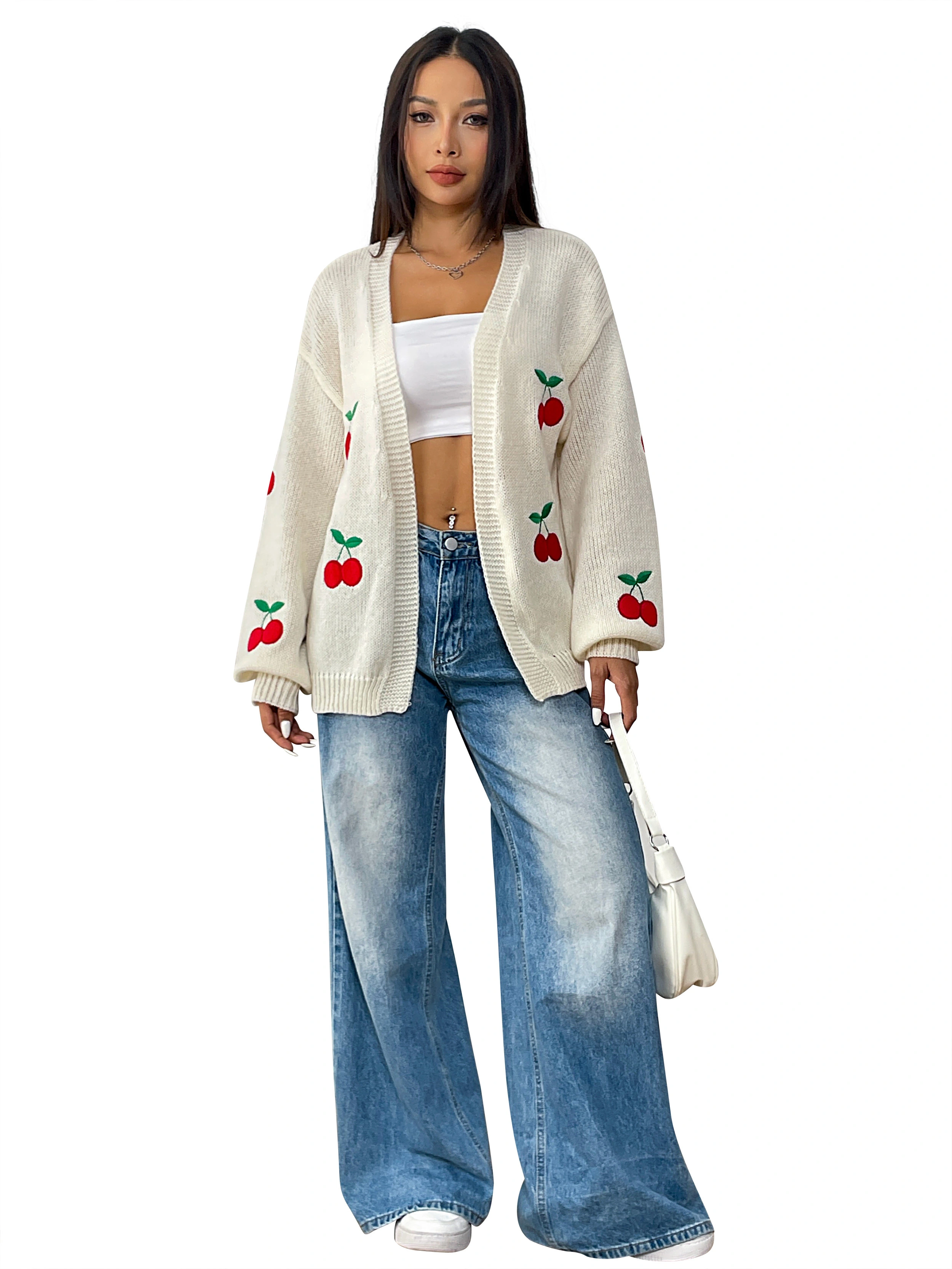 Fan Flo Strick -Strickjacke mit Kirschstickerei und Hirschfell -Mischung für Damenstile 1