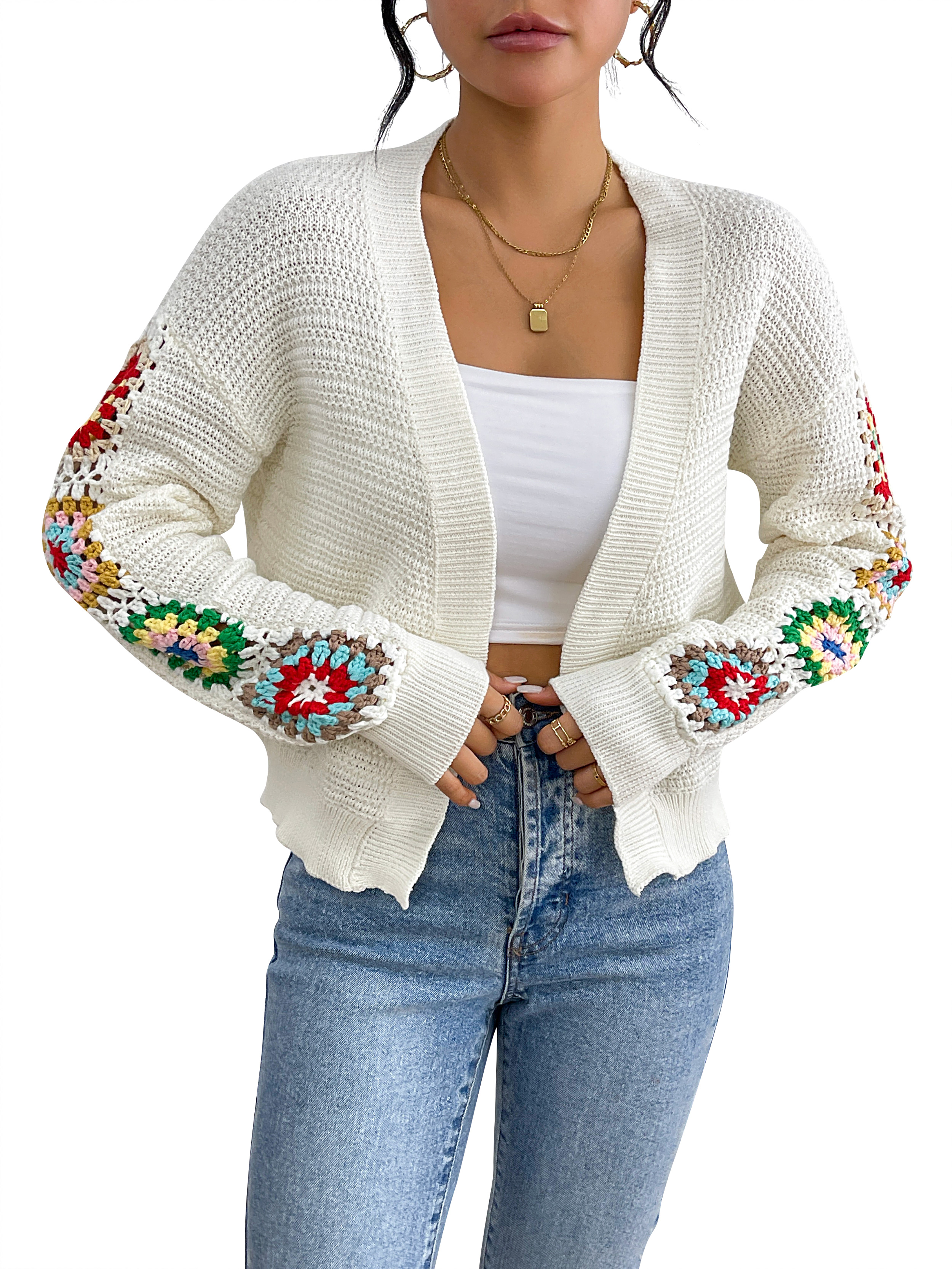 Fan Flo Damen Strick-Strickjacke handgemachtte Waffel-Kirschmuster lässig Elegante Pulloverjacke 1