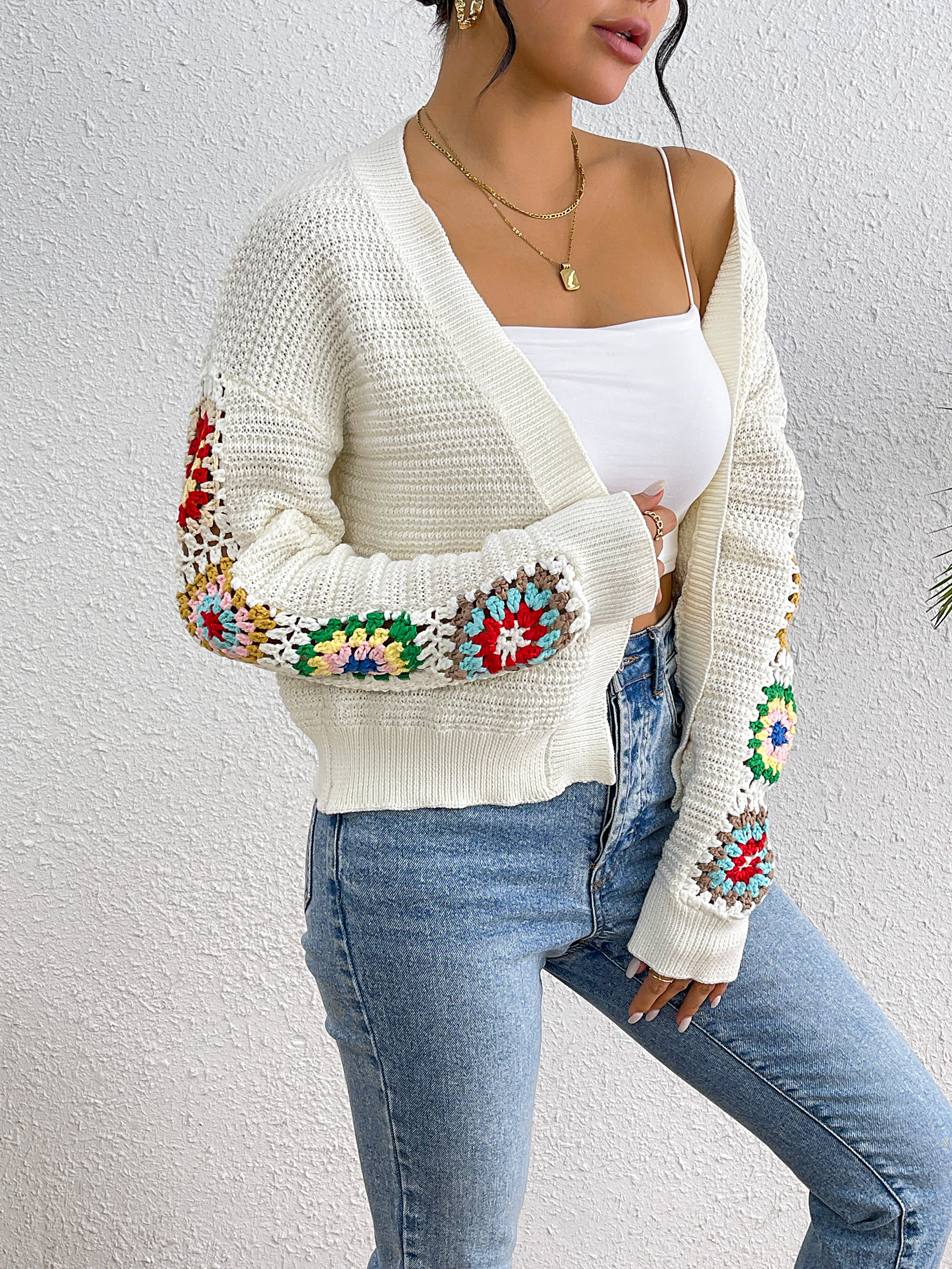 Fan Flo Damen Strick-Strickjacke handgemachtte Waffel-Kirschmuster lässig Elegante Pulloverjacke 5