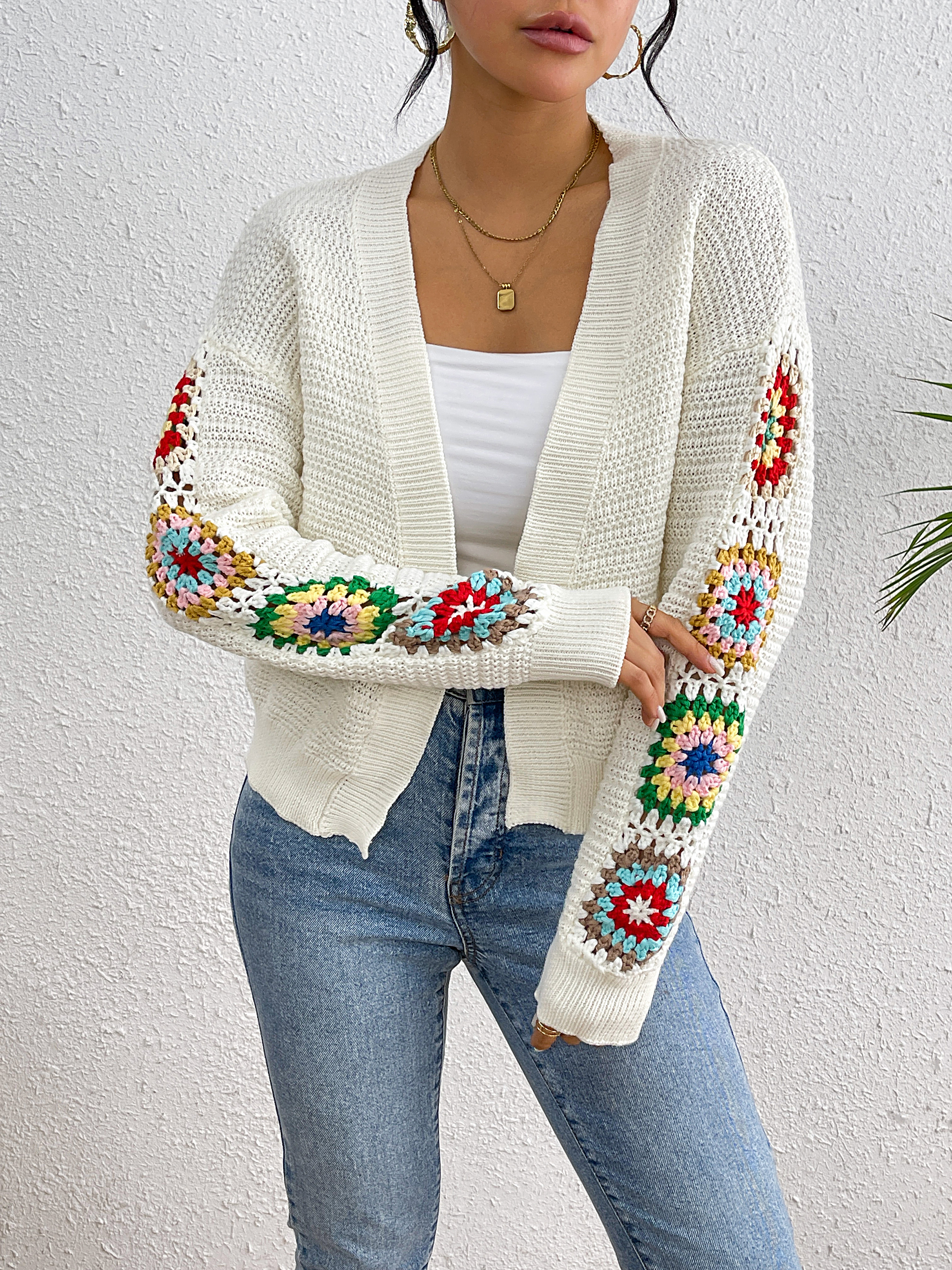 Fan Flo Damen Strick-Strickjacke handgemachtte Waffel-Kirschmuster lässig Elegante Pulloverjacke 4