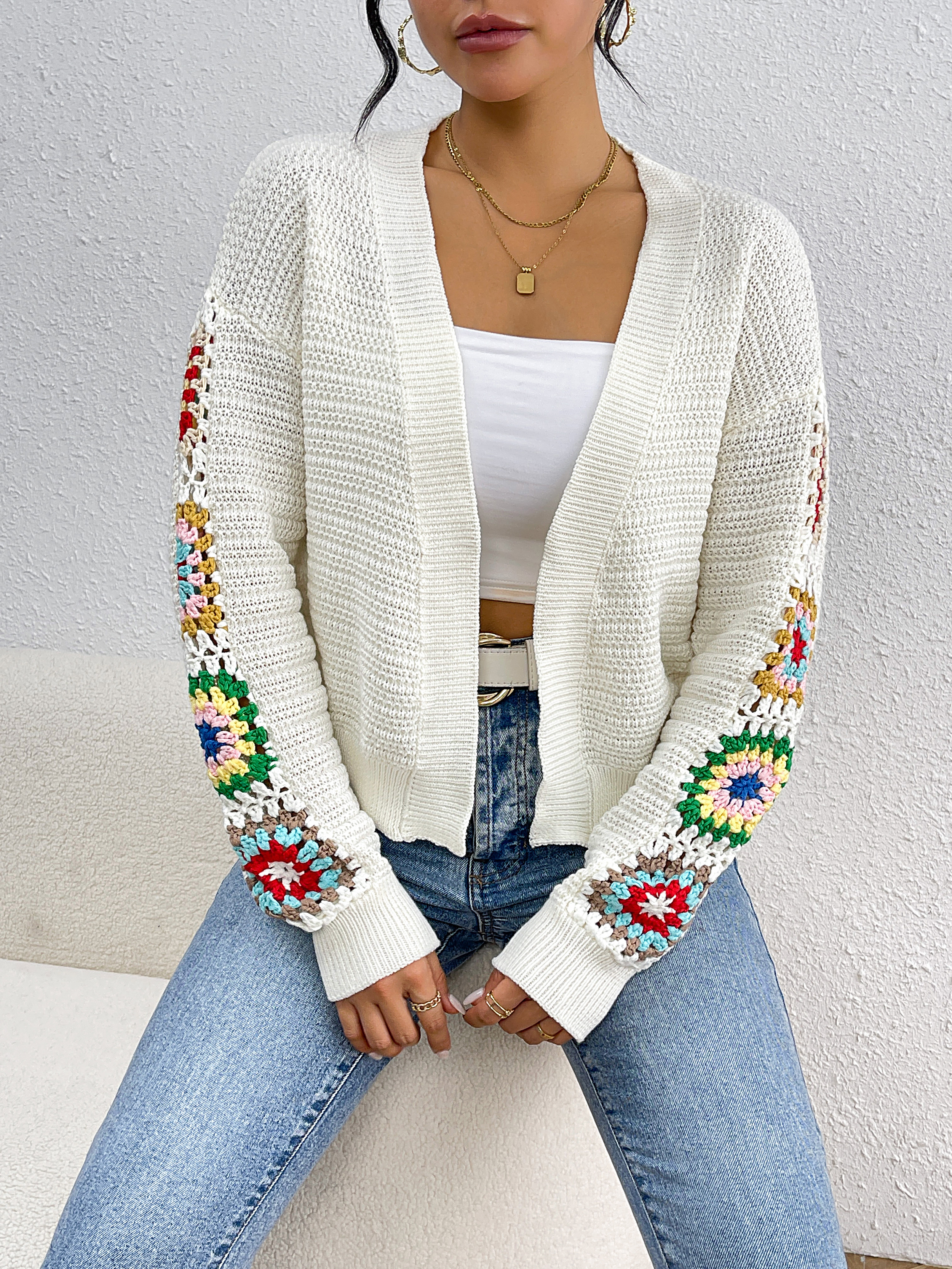 Fan Flo Damen Strick-Strickjacke handgemachtte Waffel-Kirschmuster lässig Elegante Pulloverjacke 6