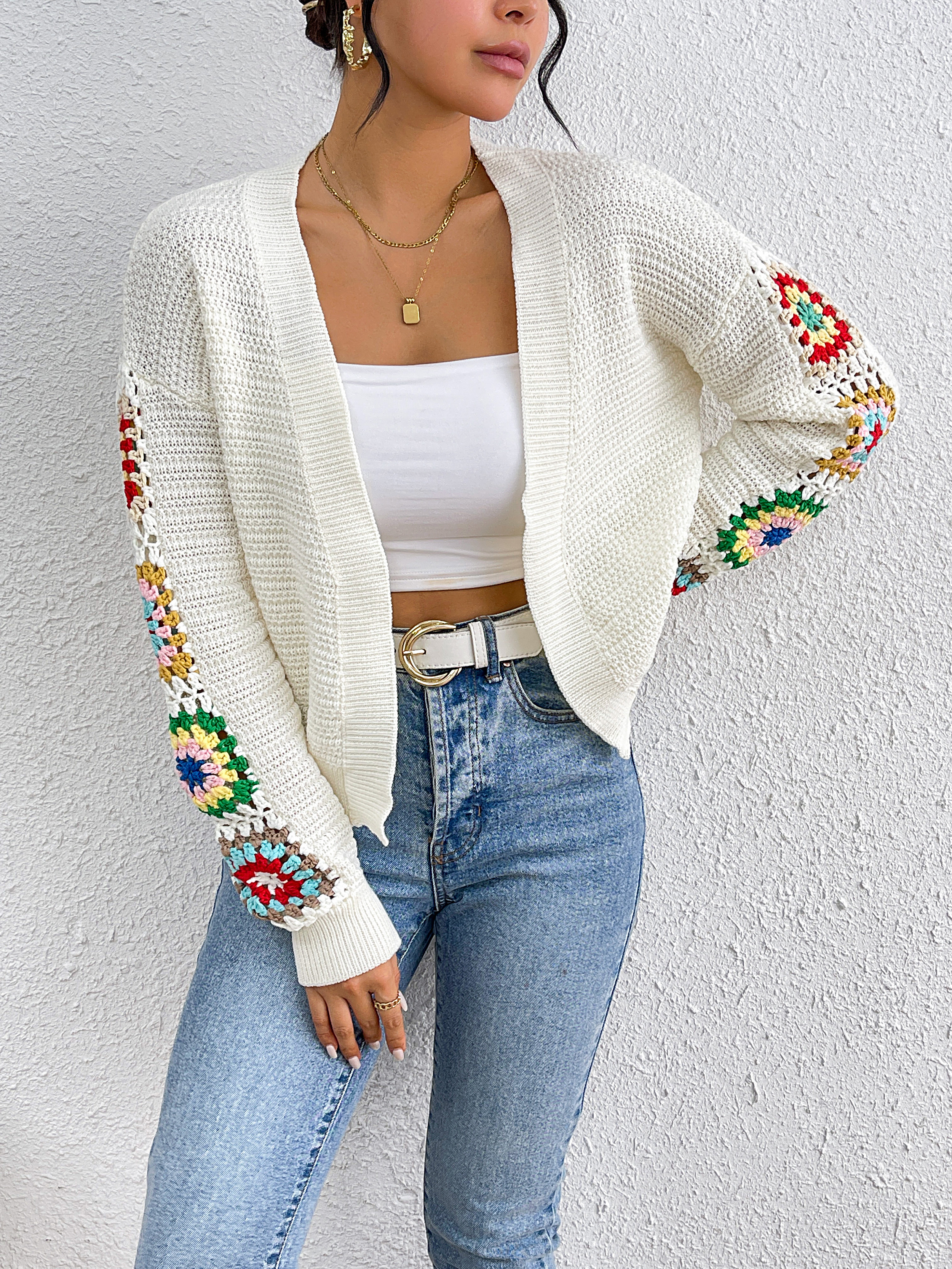 Fan Flo Damen Strick-Strickjacke handgemachtte Waffel-Kirschmuster lässig Elegante Pulloverjacke 2