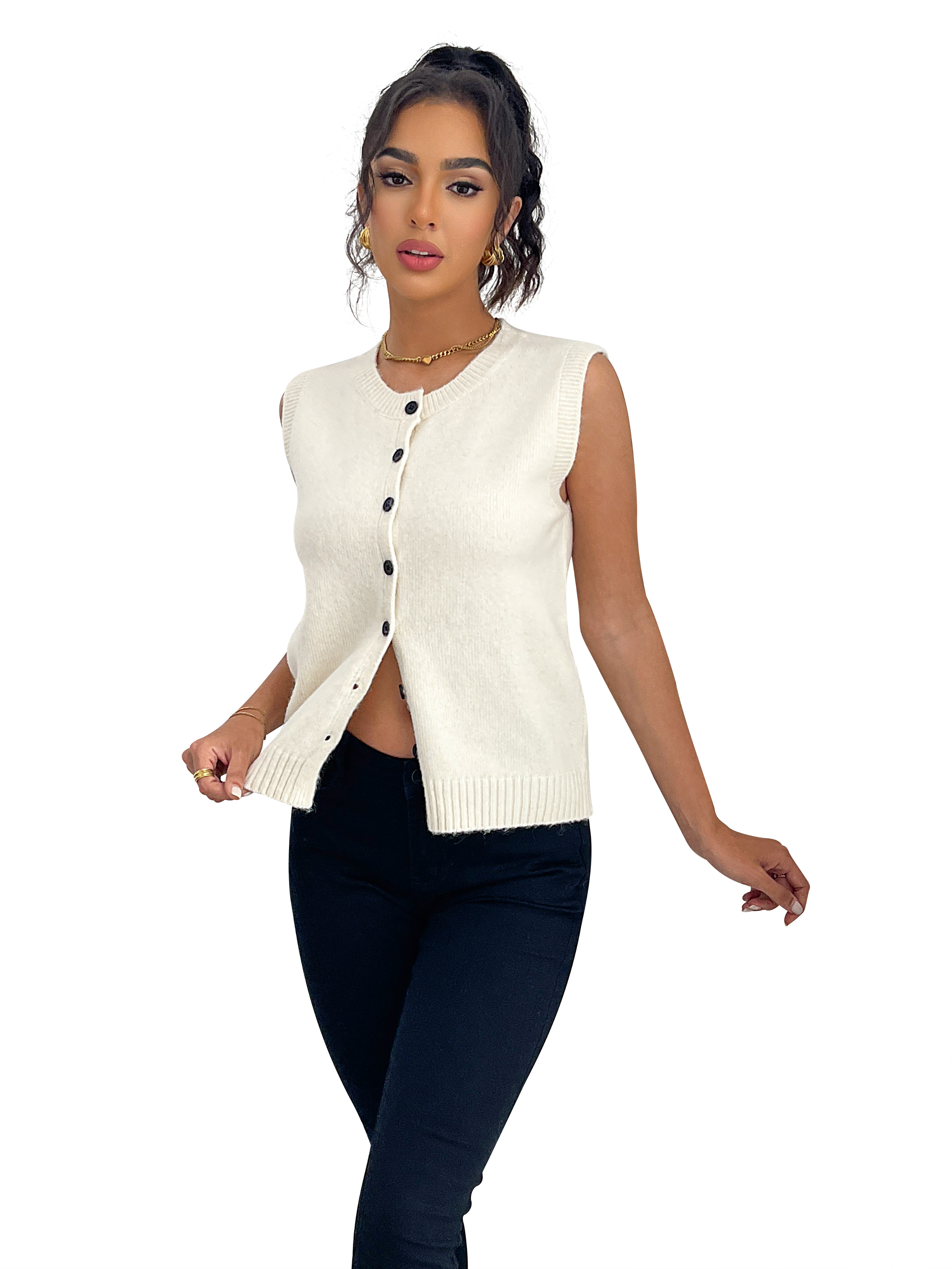 Fan Flo Séter Séter para mujeres Cuello redondo Cuello sin mangas Cantbed Singed Side Weave Summer Streetwear 1