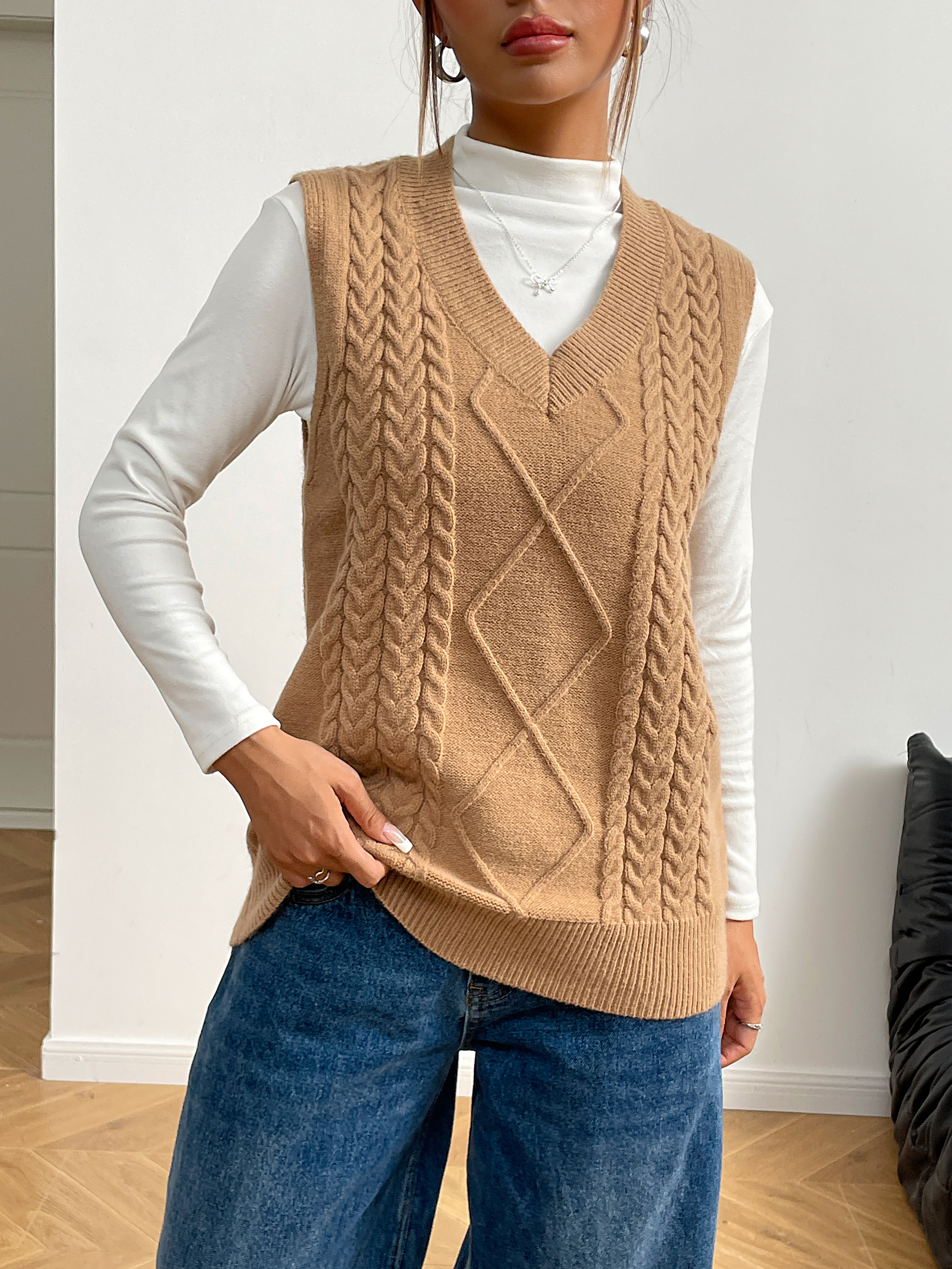 Fan FLO Vest de punto para mujeres Manecientes sin mangas Canted Velvet Estilo de la universidad mezclada con capas de otoño e invierno 5