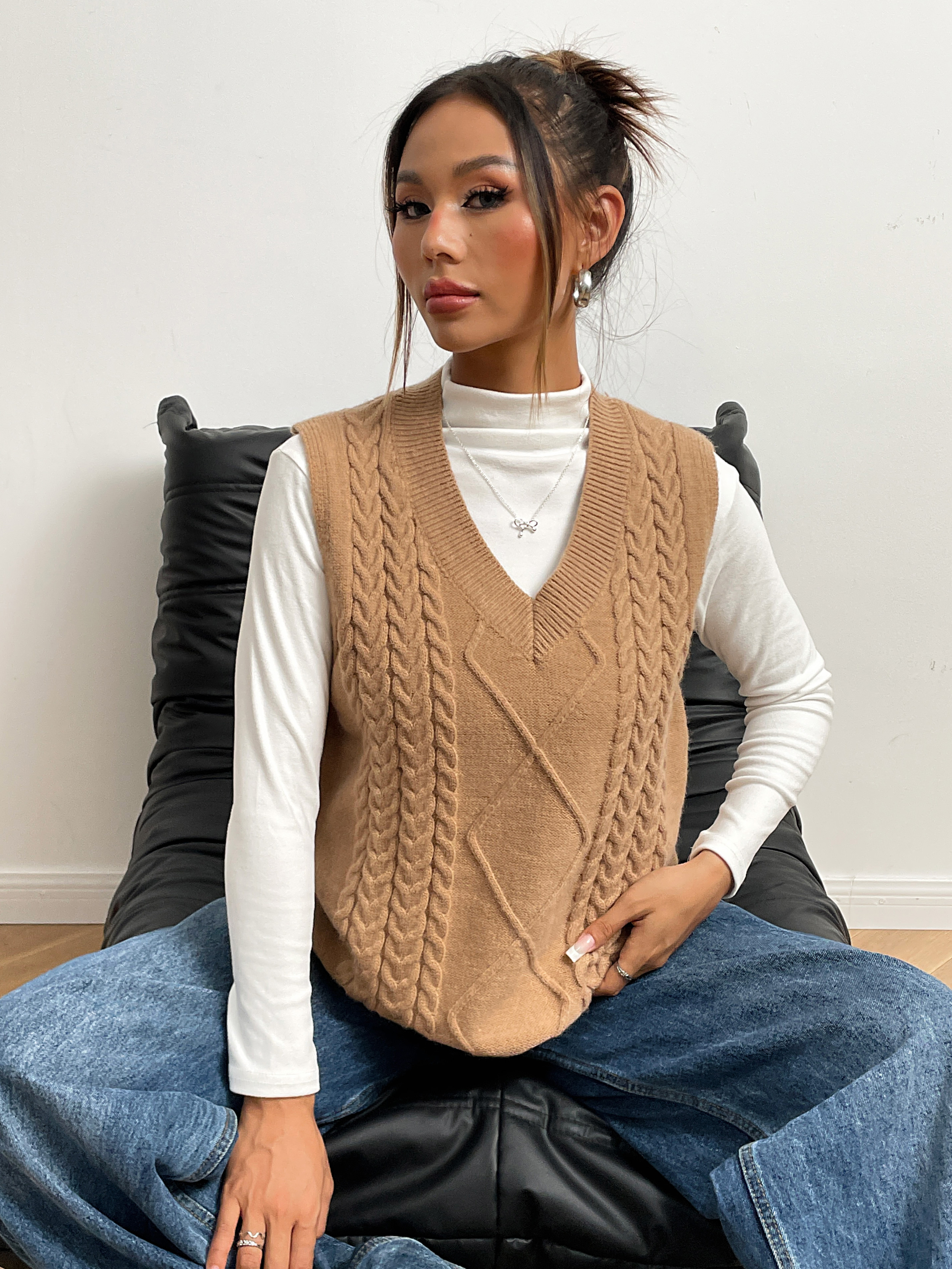 Fan FLO Vest de punto para mujeres Manecientes sin mangas Canted Velvet Estilo de la universidad mezclada con capas de otoño e invierno 6