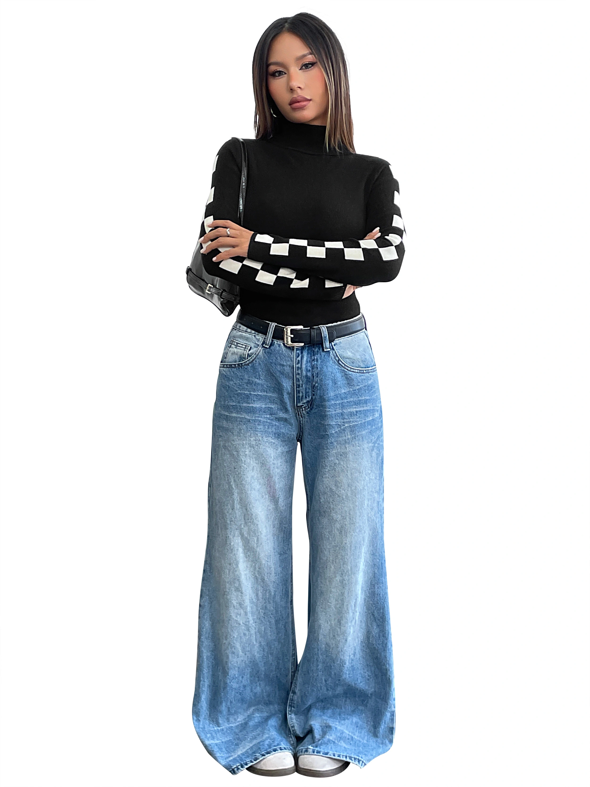 Fan Flo Women's Pullover trendy Plaid hoher Nacken Langarm Slim Fit bequemes Wintertop 1