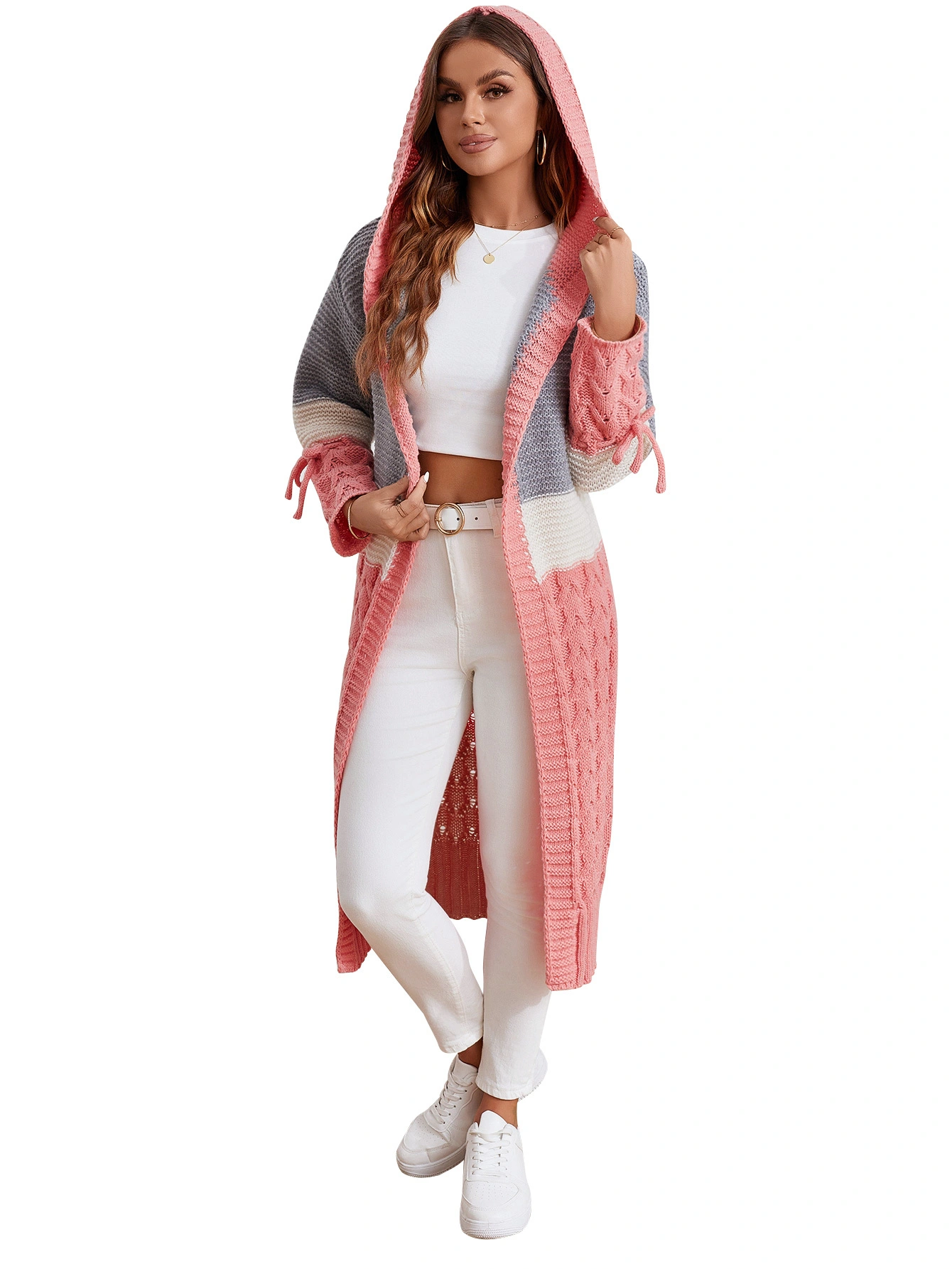 Fan Flo Long Damen Strick -Strickjacke mit Kapuze kontrollgeschwürt 5/7 dicke Nadel Eleganter Winterstil 1