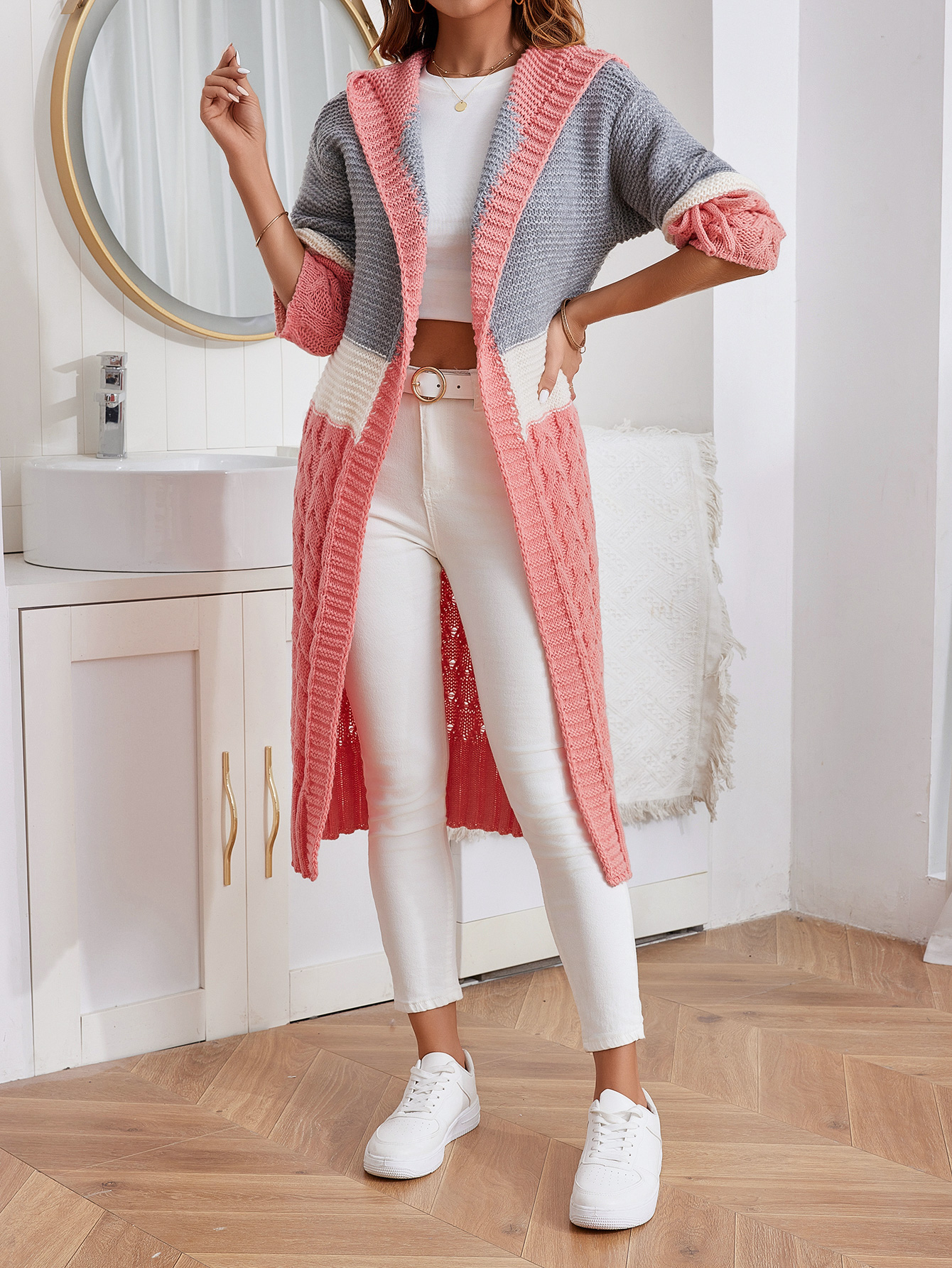 Fan FLO Long Los cárdigan para mujeres con capucha con capucha con capucha con capucha acanalado 5/7 de espesor, elegante estilo de invierno 6